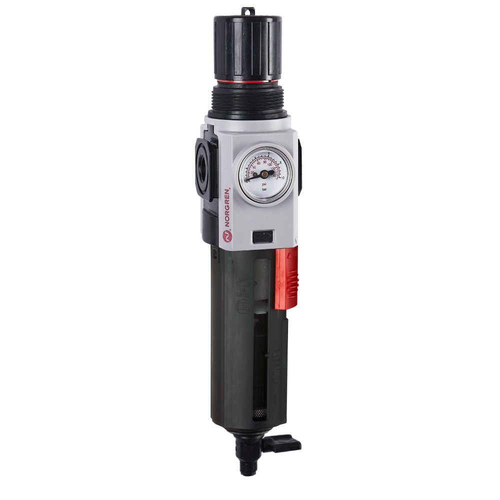 Excelon Plus filter/regulator, 3/8 PTF, 40 µm, 0.3-10 bar, manual drain, with gauge - Norgren B82G-3AK-QP3-RMG