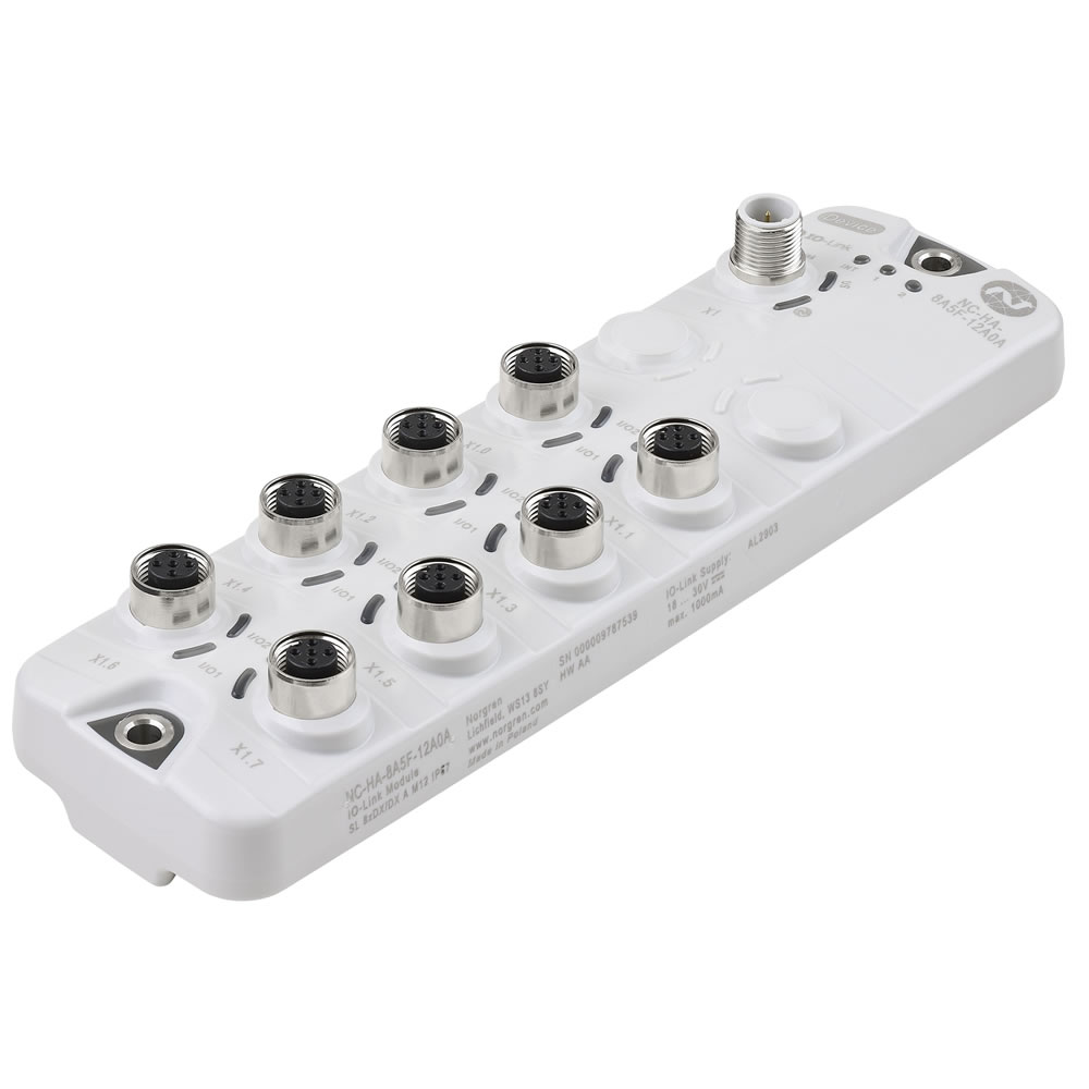 IO-Link I/O module, standard version, 1 x 4 pin M12 plug, 8 x 4 pin M12 sockets - Norgren NC-HB-8A5F-12A0A