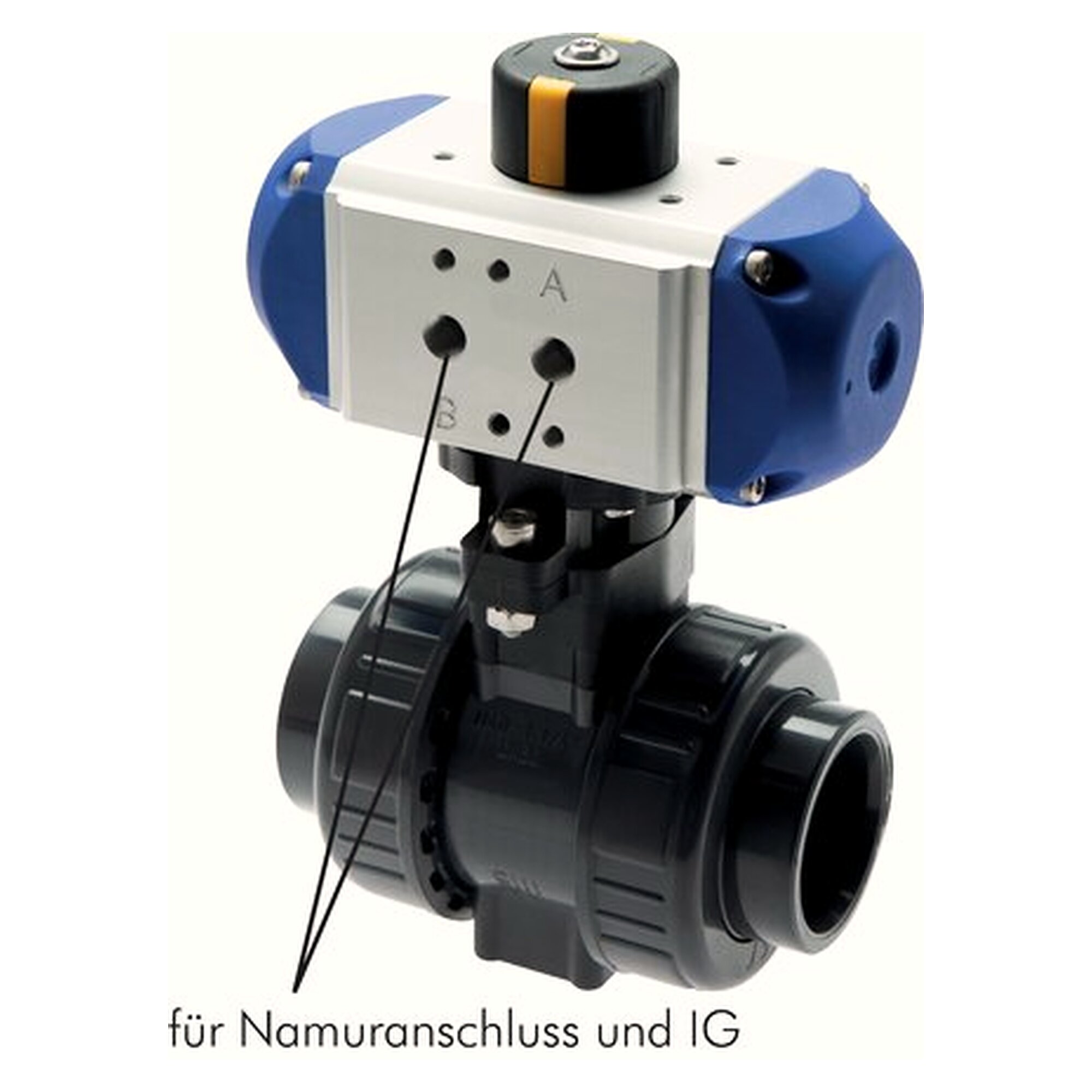 Kugelhahn PVC-U, pneumatischer Schwenkantrieb, DN 40, Feder-schließend, Klebemuffe, EPDM-Dichtung