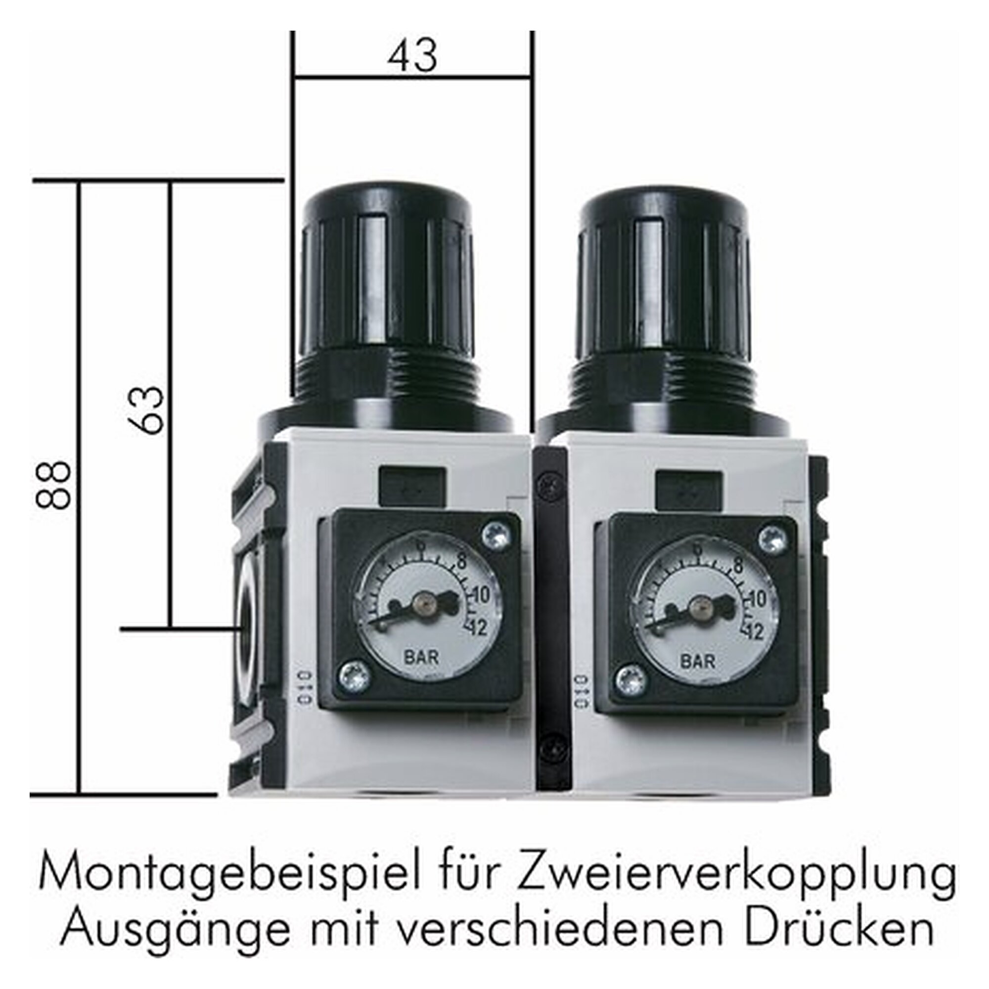 Druckregler, G 1/4", 0,2 - 4 bar, PA 66 GF60, Eingangsdruck max. 12 bar, Manometeranzeige 1 - 6 bar