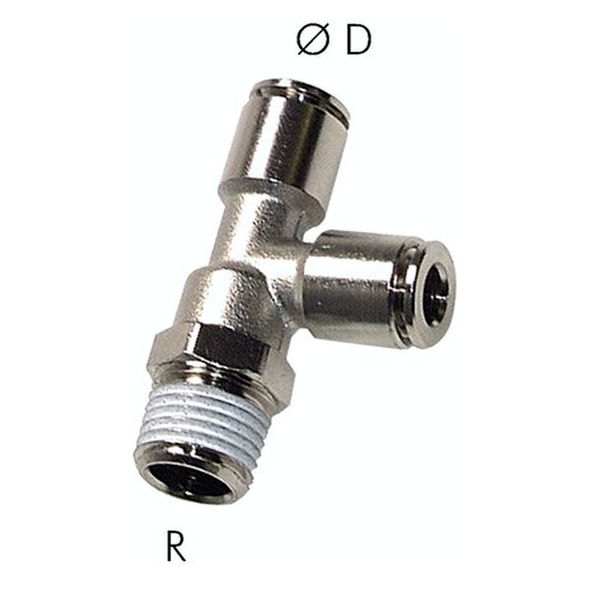 Steckanschluss, Winkelform, Gewinde R 1/8", Schlauch 4 mm, Messing vernickelt, -0,95 bis 15 bar