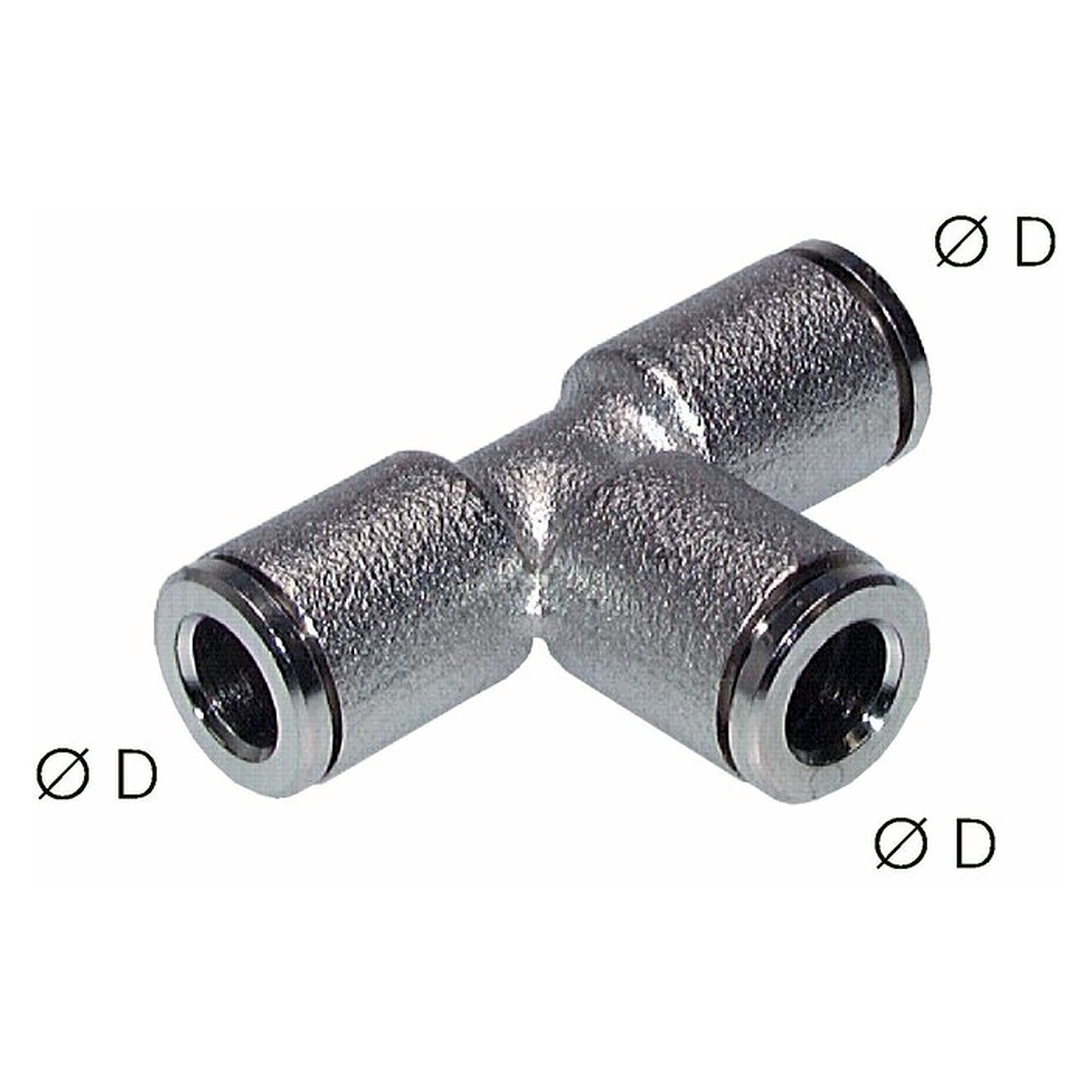 Push-in fitting, tee design, tube 3 mm, nickel plated brass, temperature range from -20 °C to +70 °C