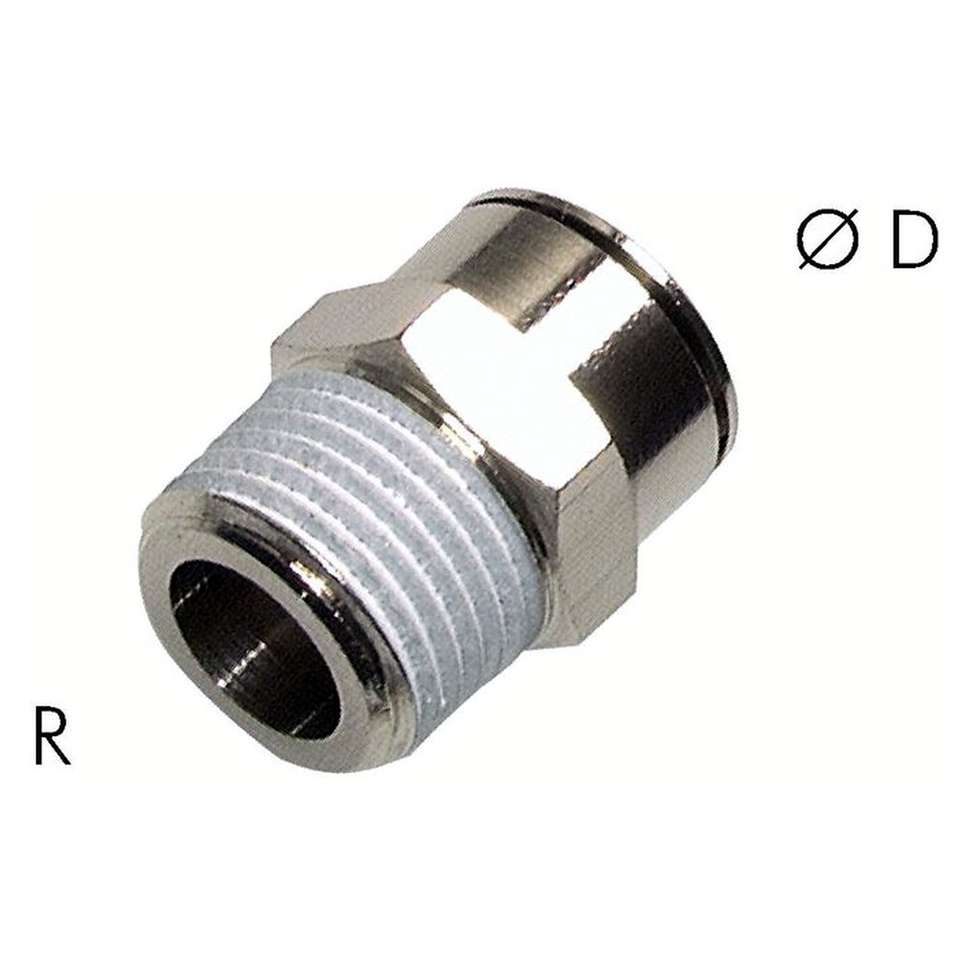 Push-in fitting, straight design, thread R 1/4", tube 4 mm, nickel plated brass, -20 bis +150 °C