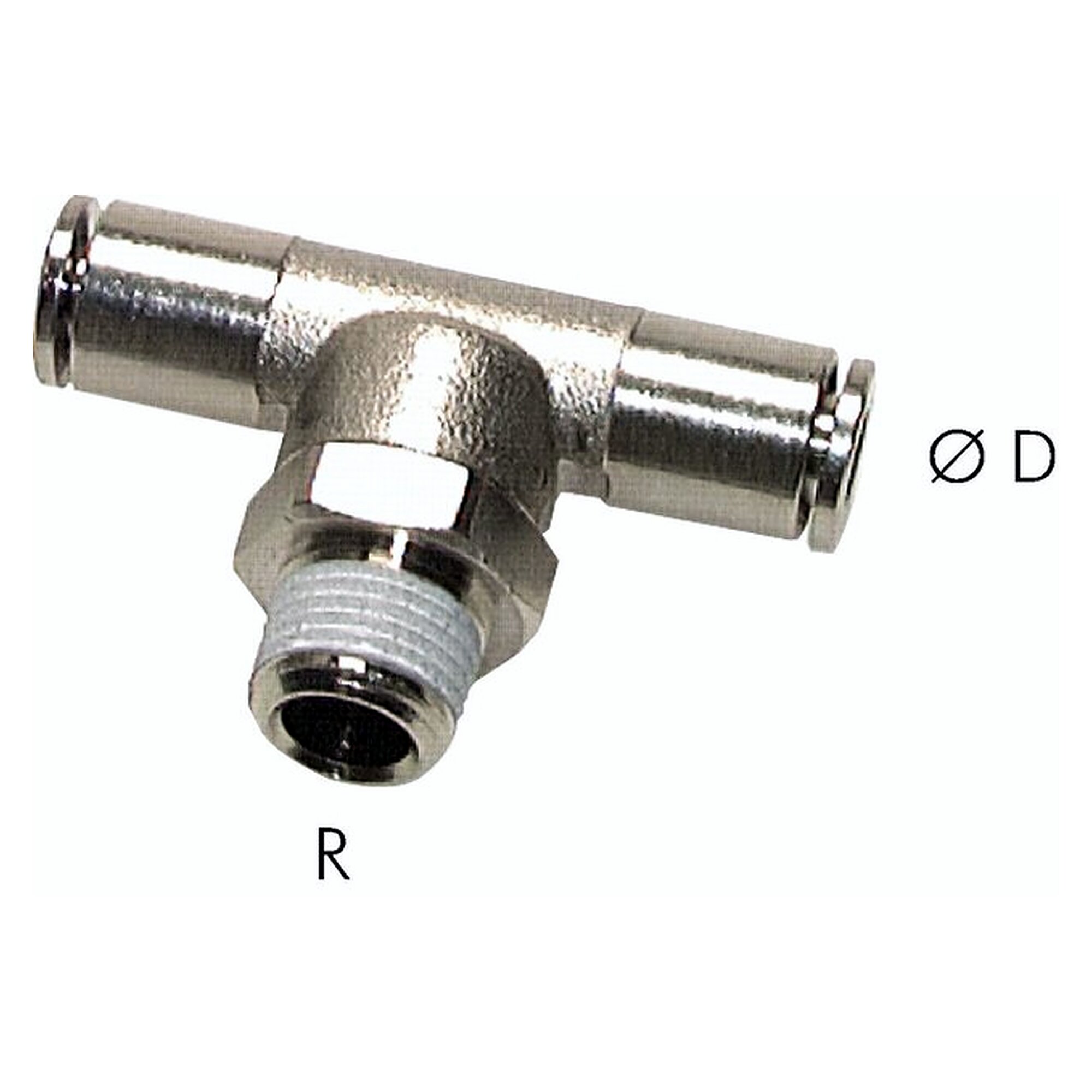 Steckanschluss, T-Form, Einschraubgewinde R 3/8", Schlauch 8 mm, Messing vernickelt