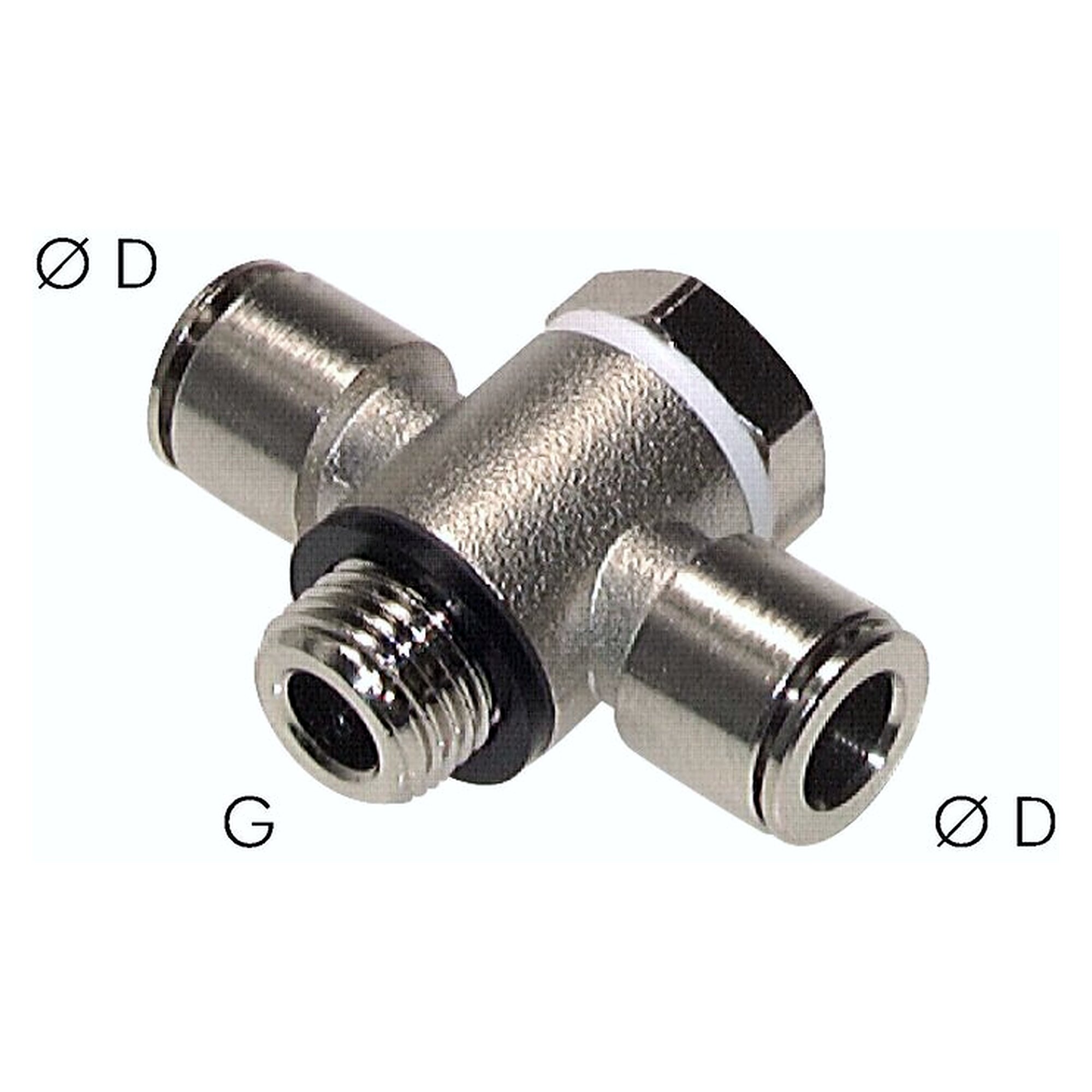 Push-in fitting, tee design, thread G 1/8", tube 8 mm, nickel plated brass, -20 bis +70 °C