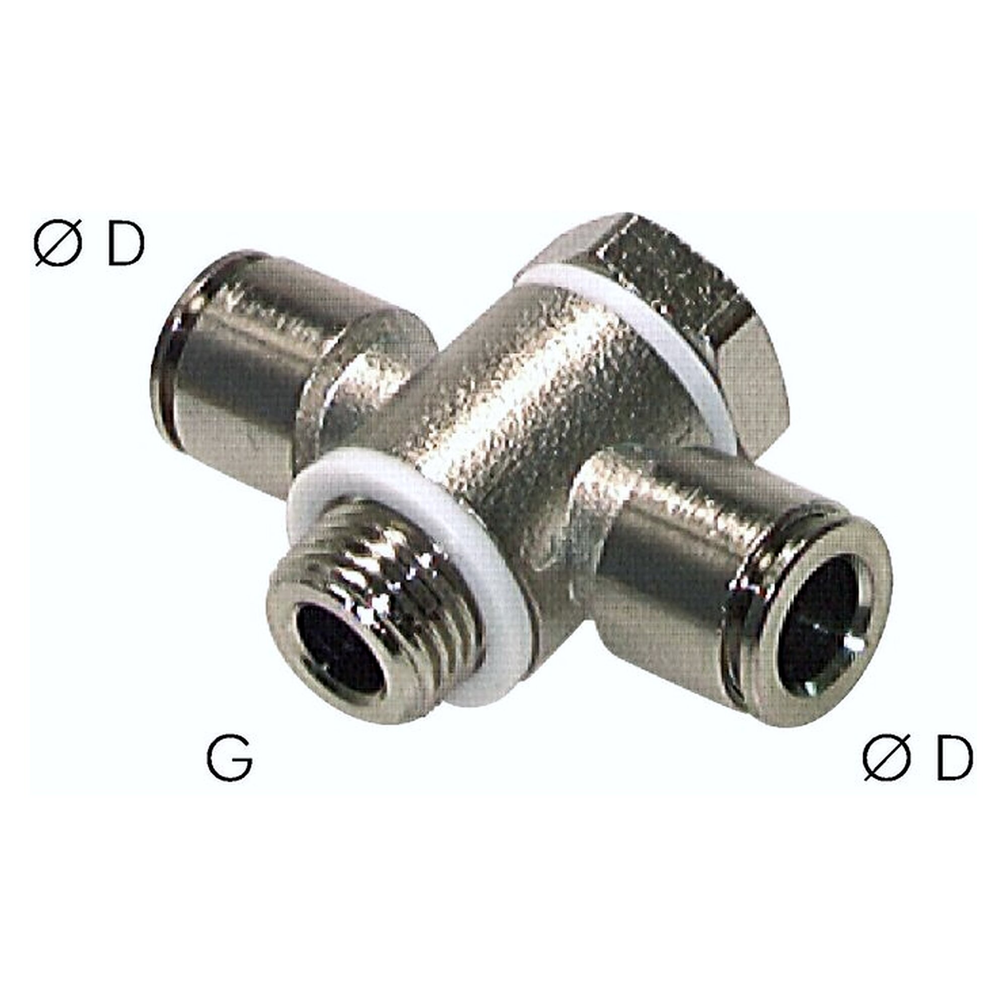 Steckanschluss, T-Form, Gewinde G 1/8", Schlauch 6 mm, Messing vernickelt, -20 bis +150 °C
