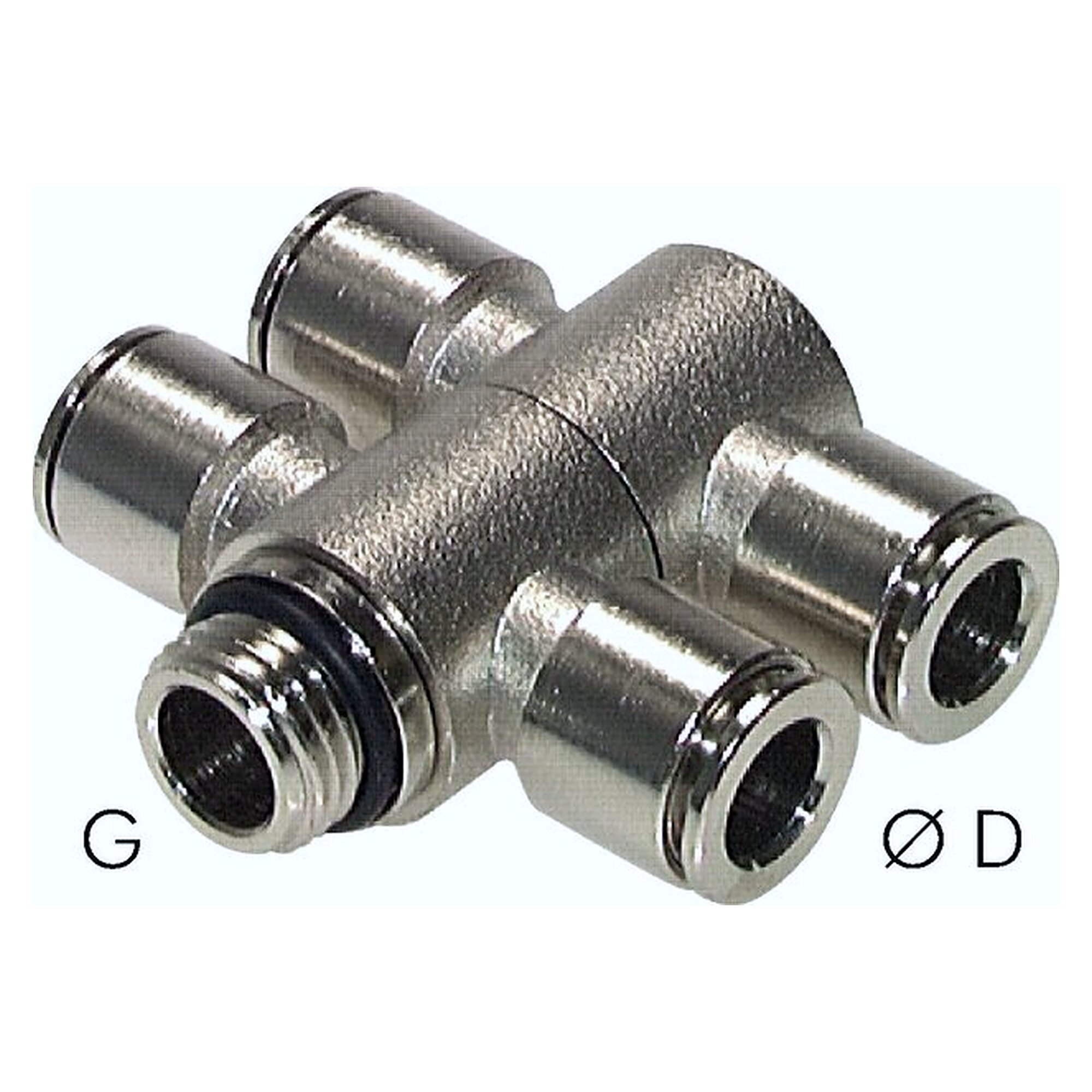 Compact push-in fitting, tee design, thread G 1/8", tube 4 mm, nickel plated brass, -20 bis +70 °C