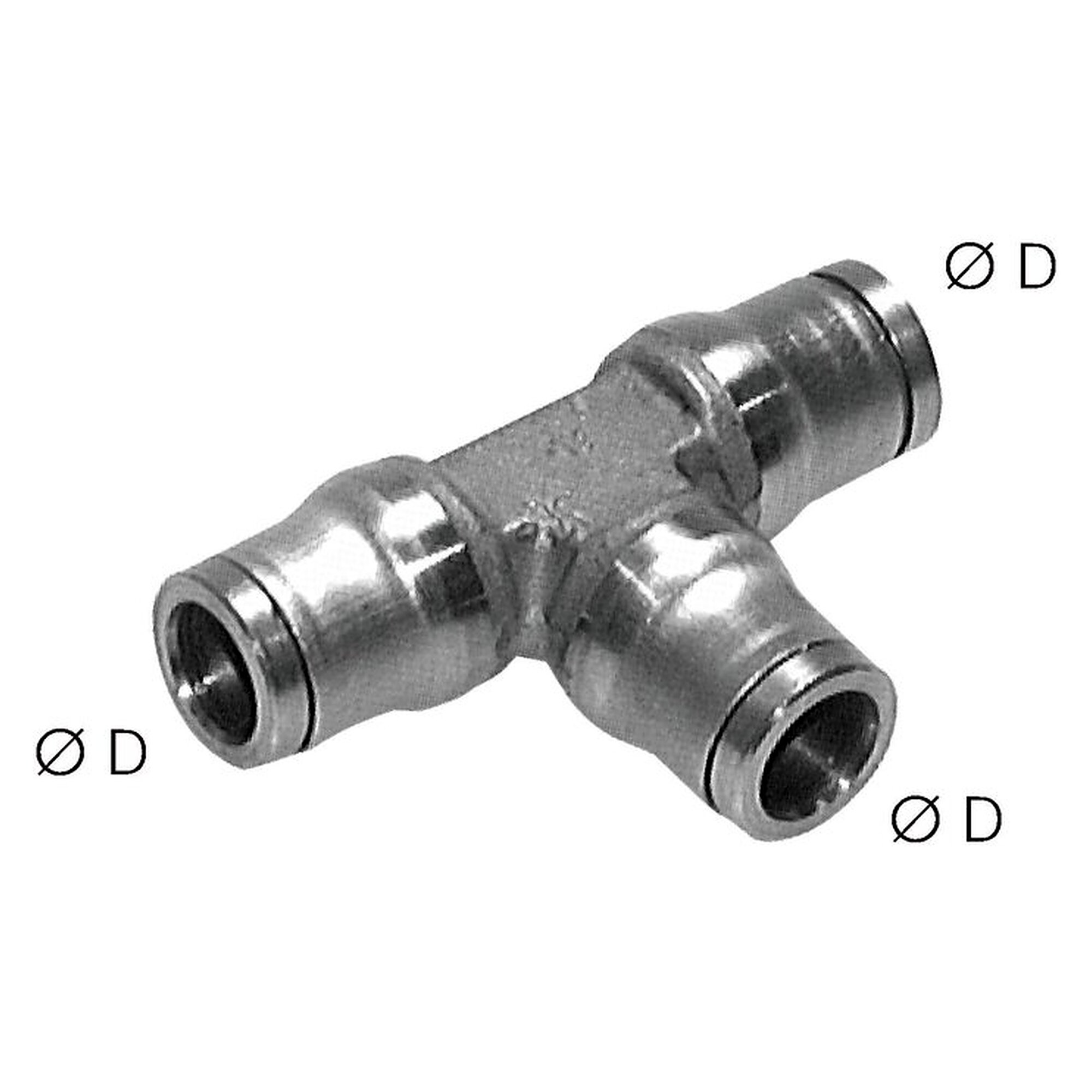 Push-in fitting, tee design, tube 10 mm, stainless steel, temperature range from -15 °C to +110 °C