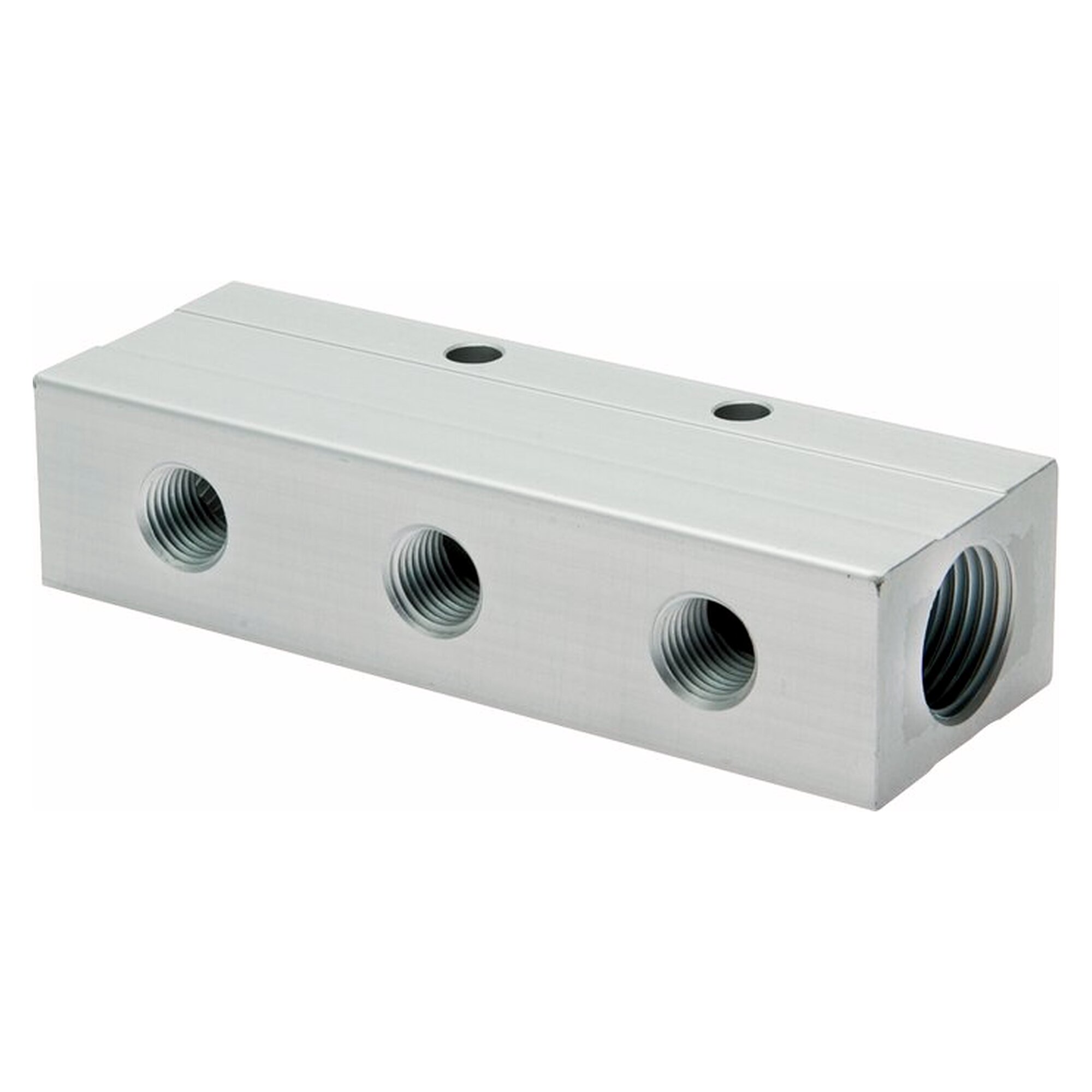 Verteilerleiste, Eingang 2x G 3/8" auf Abgang 3x G 1/4", Länge 108 mm, D 20 mm