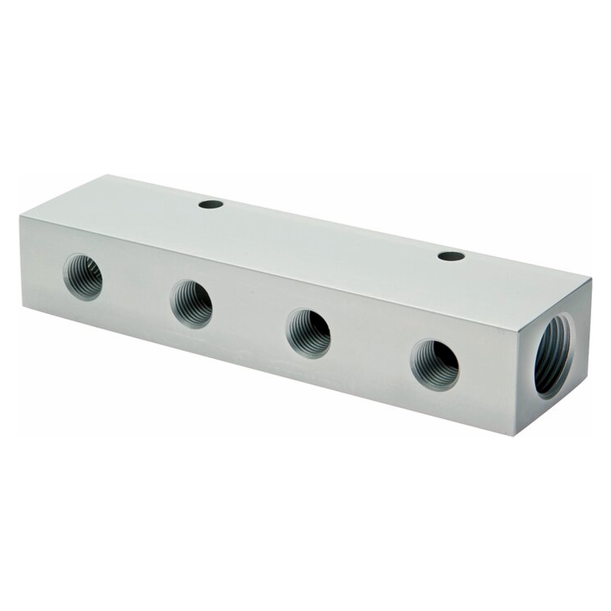 Verteilerleiste, Eingang 2x G 1/8" auf Abgang 4x M 5, Länge 75 mm, D 15 mm, Aluminium eloxiert