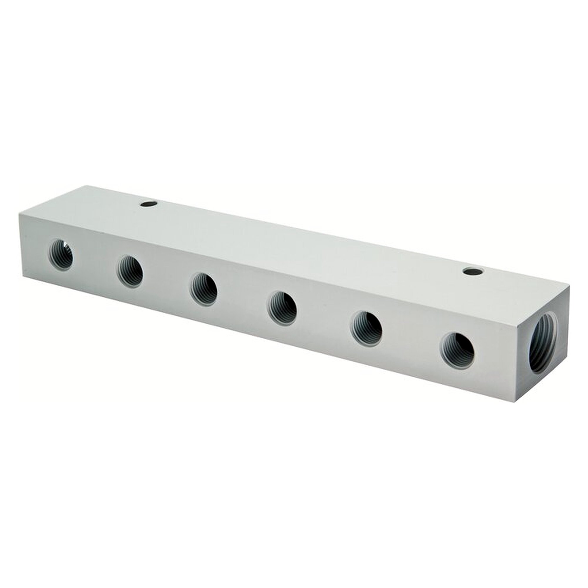 Distribution manifold, inlet 2x G 1/8" to outlet 6x M 5, length 105 mm, D 15 mm, anodised aluminium
