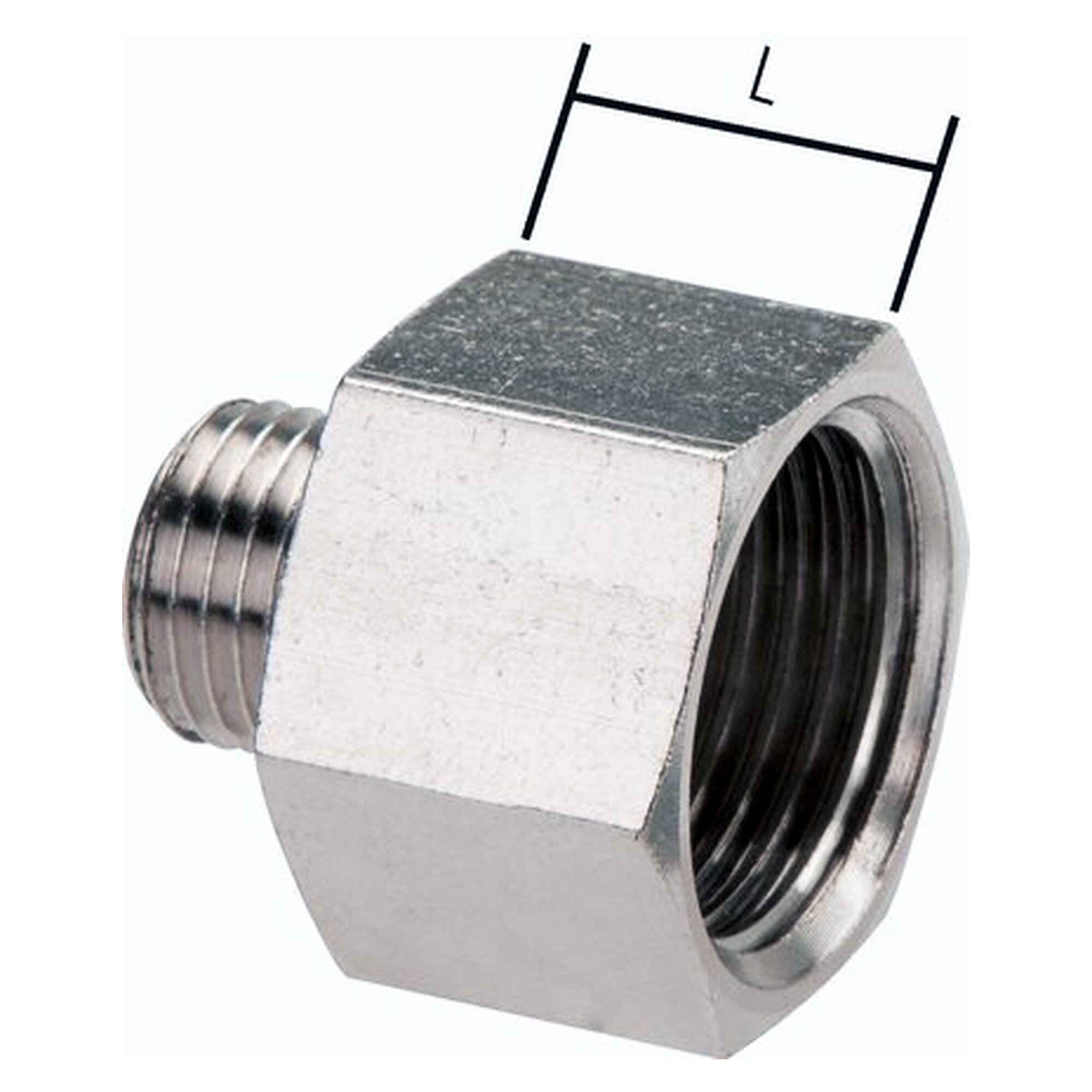 Reducing nipple, male thread G 3/4", female thread G 1", nickel-plated brass, A/F 36 mm