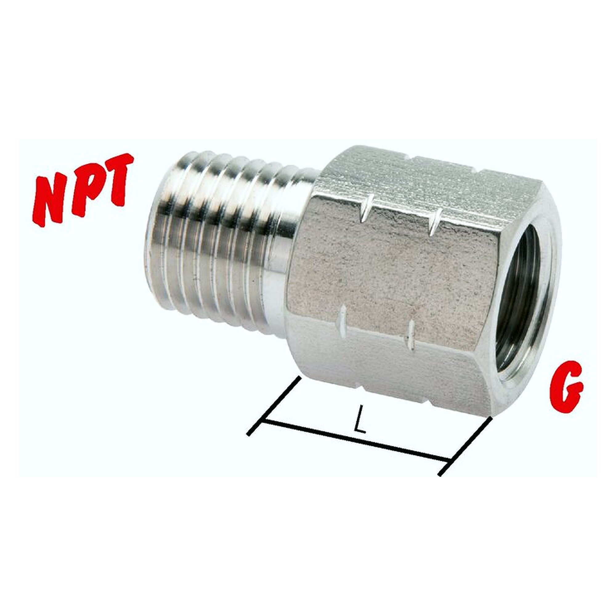 Reduziernippel, Außengewinde NPT 1/8" auf Innengewinde G 1/8", Länge 15 mm, PN 40 bar