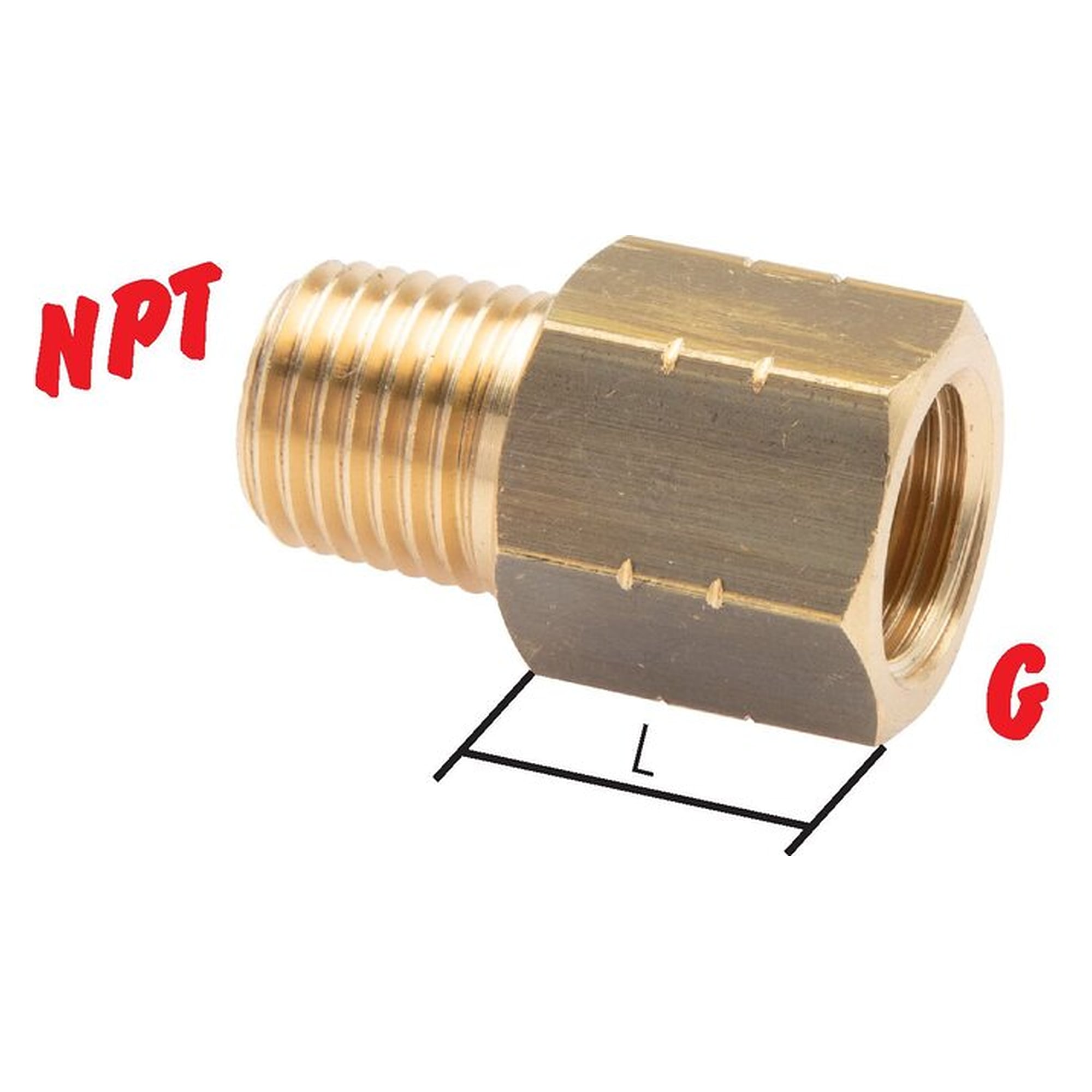 Reducing nipple, male thread NPT 1/8" to female thread G 1/8", length 15 mm, PN 16 bar, brass