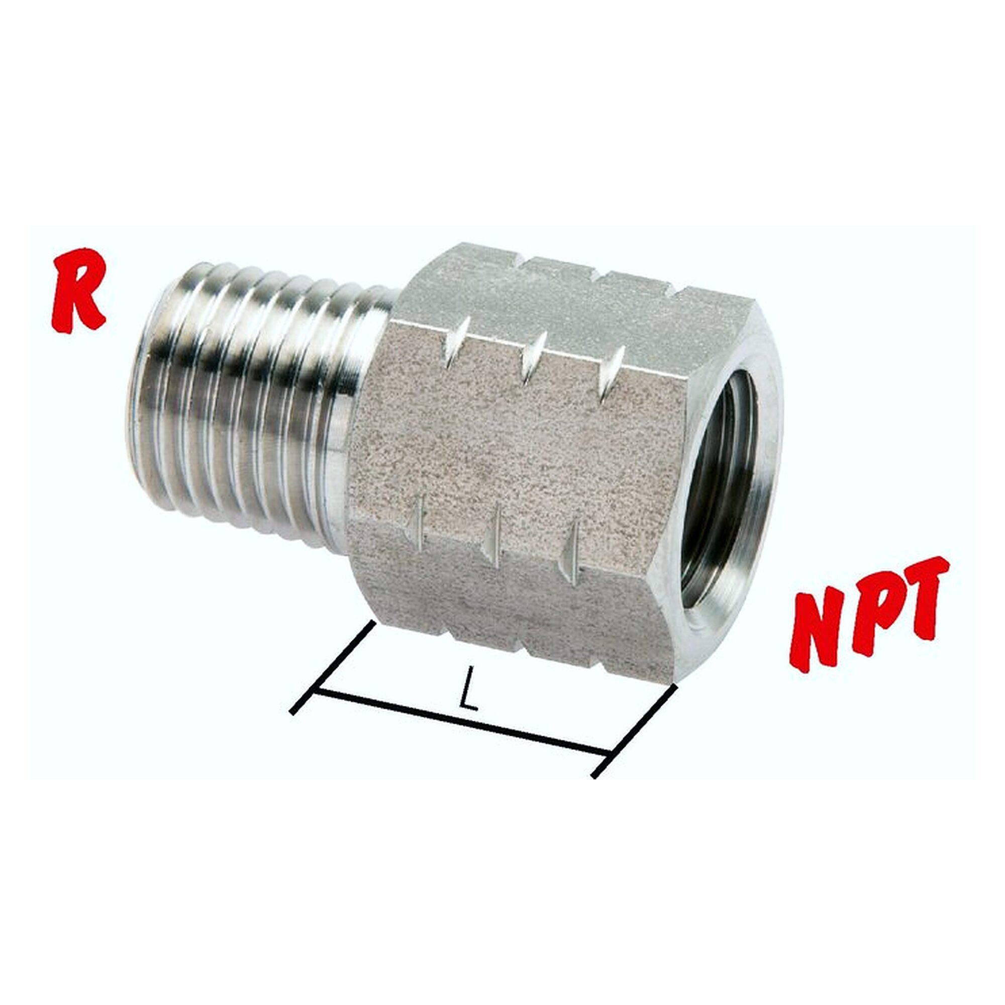 Reduziernippel, Außengewinde R 1/4" auf Innengewinde NPT 1/4", Länge 17 mm, PN 40 bar