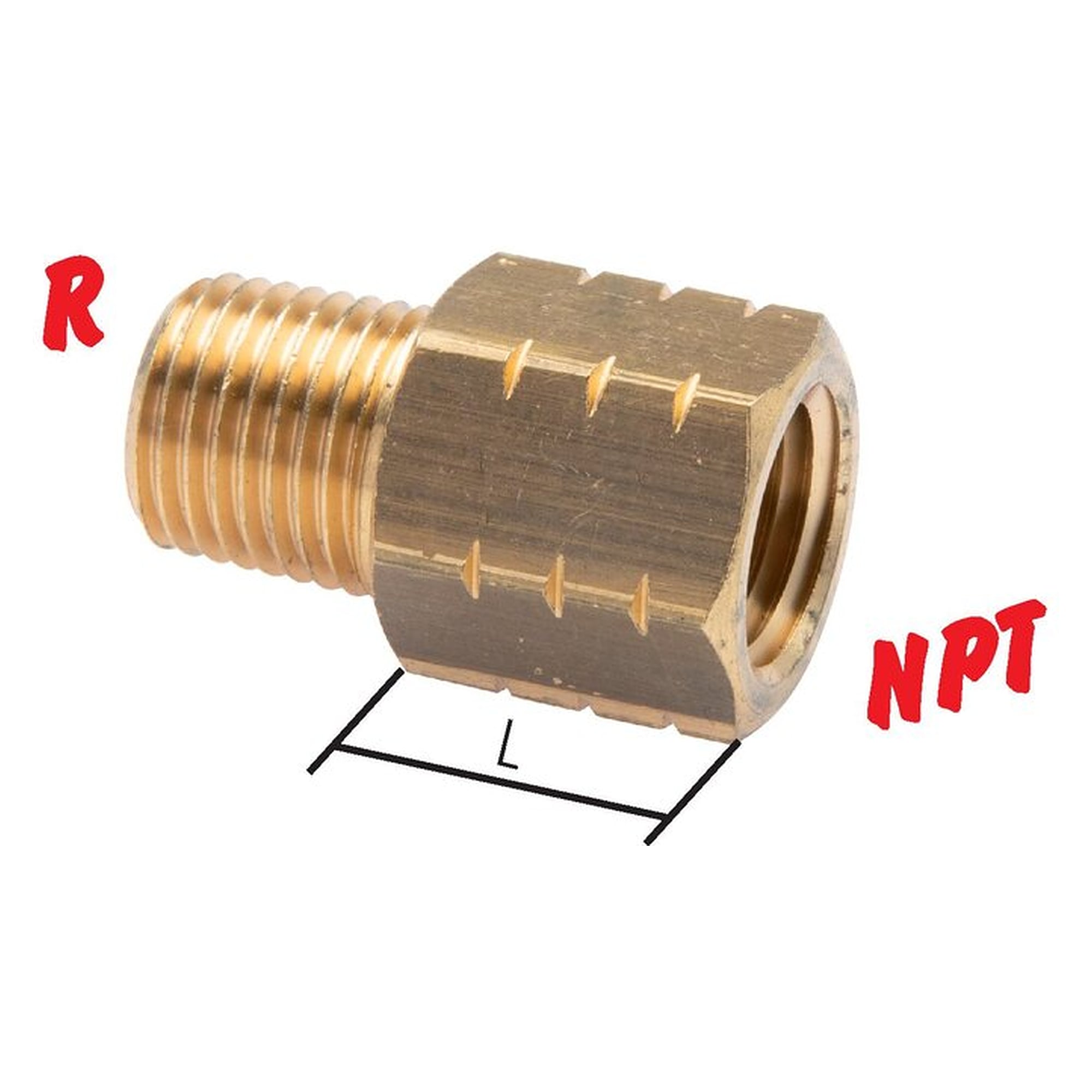 Reduziernippel, Außengewinde R 3/4" auf Innengewinde NPT 3/4", Länge 24 mm, PN 16 bar, Messing