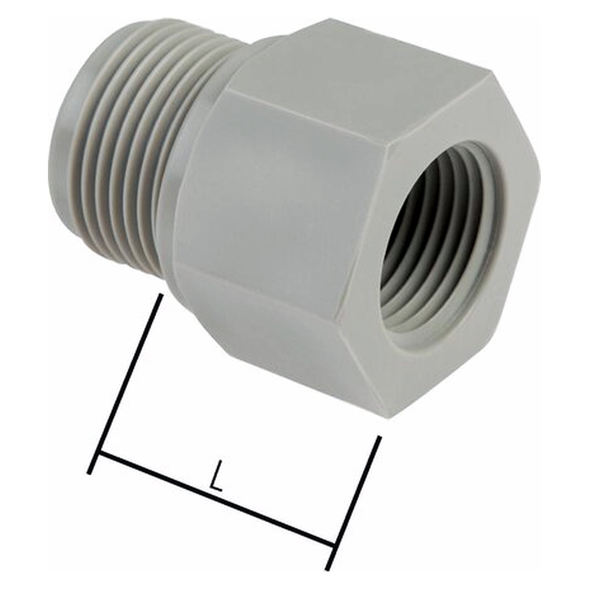 Reducing nipple, male thread G 3/4" to female thread G 3/8", length 23 mm, polypropylene
