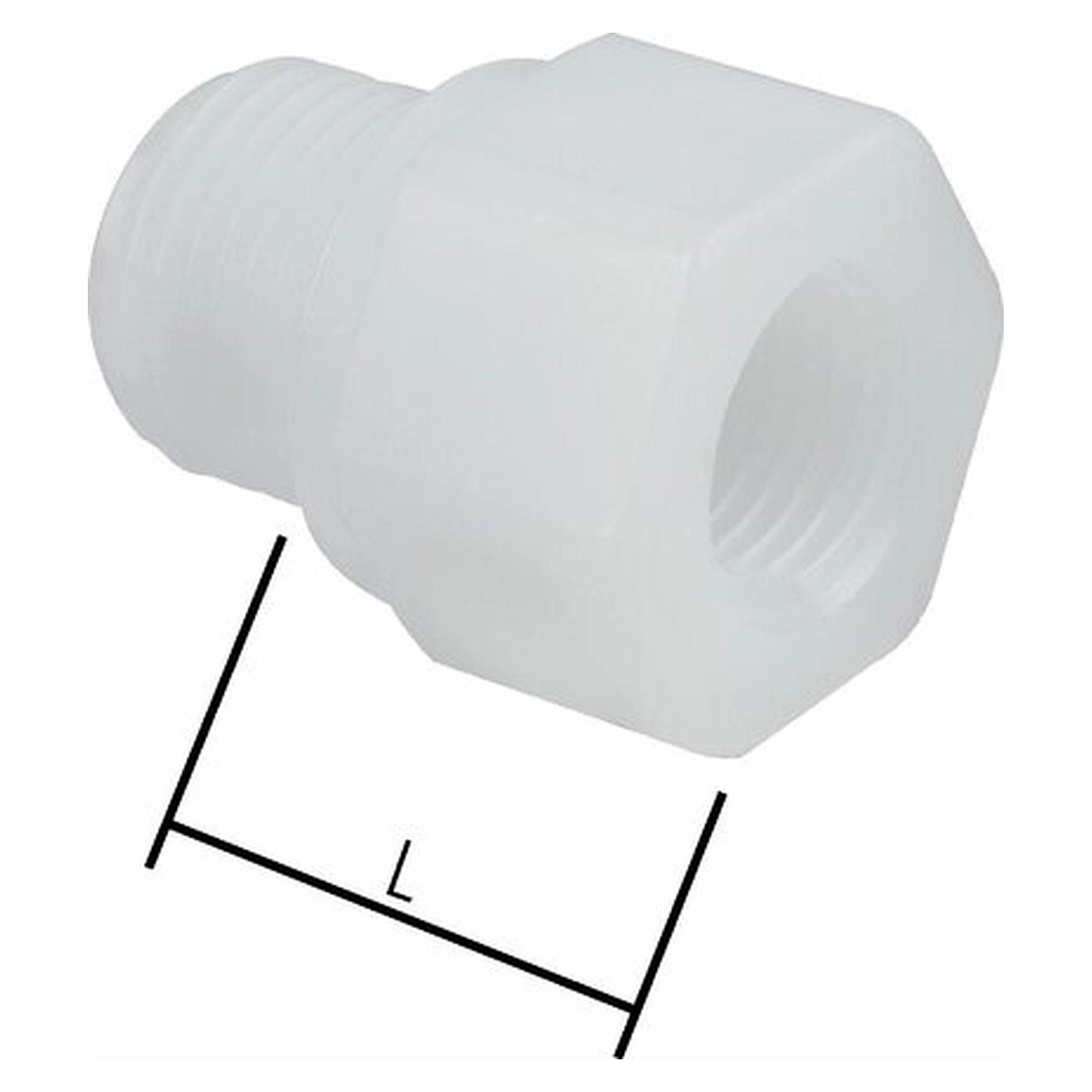 Reduziernippel, Außengewinde G 1/2" auf Innengewinde G 3/8", Länge 21,5 mm, Polypropylen