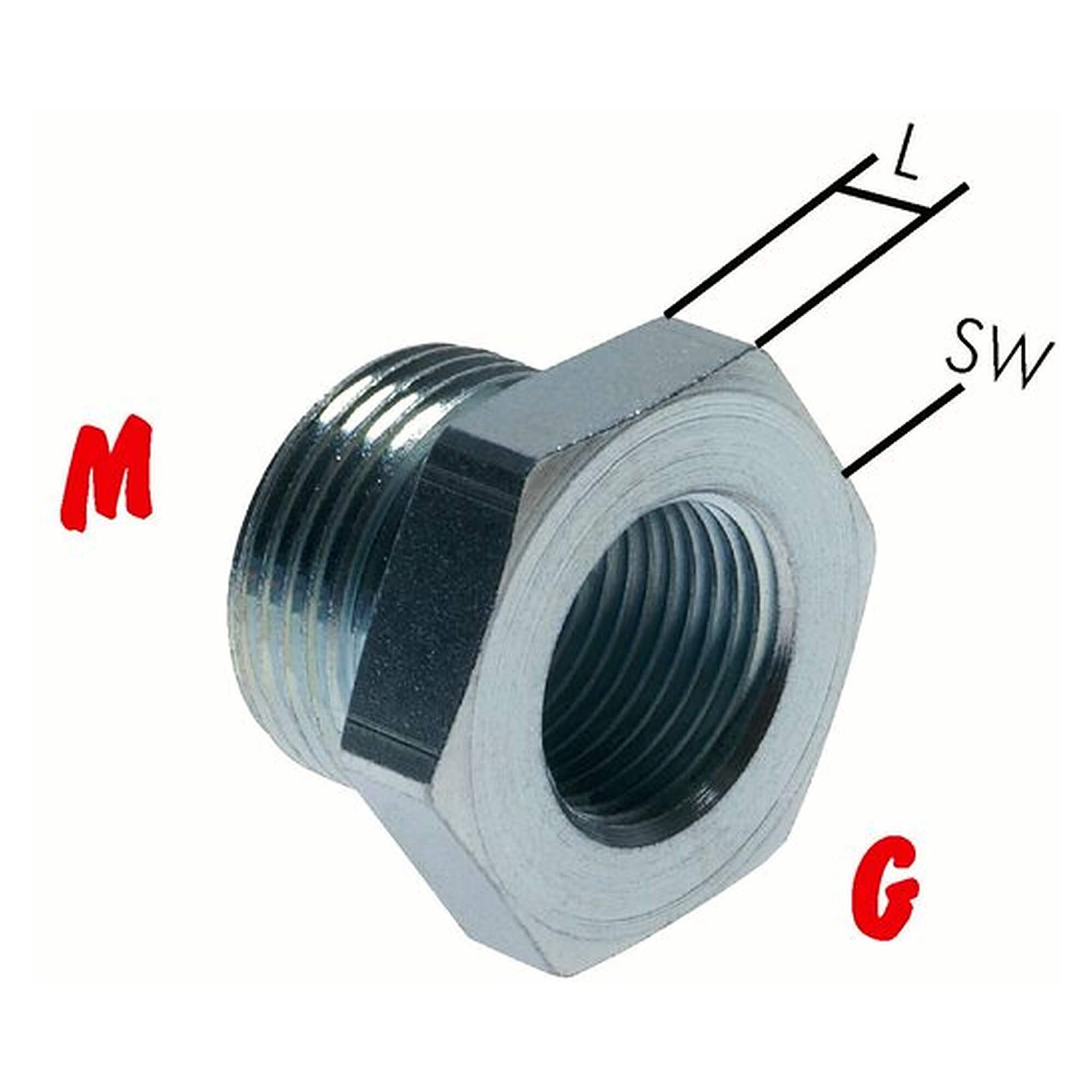 Reducing nipple, male thread M 22x1.5 to female thread G 1/4", length 7 mm, PN 250 bar
