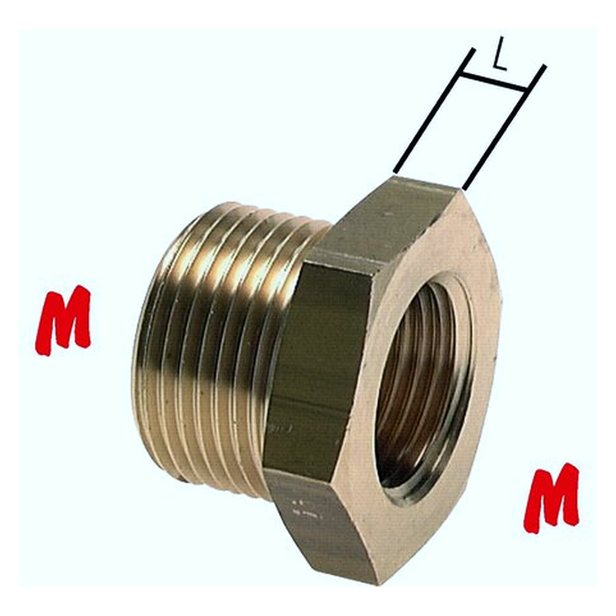 Reduziernippel, Außengewinde M 14x1,5 auf Innengewinde M 10x1, Länge 4 mm, Messing