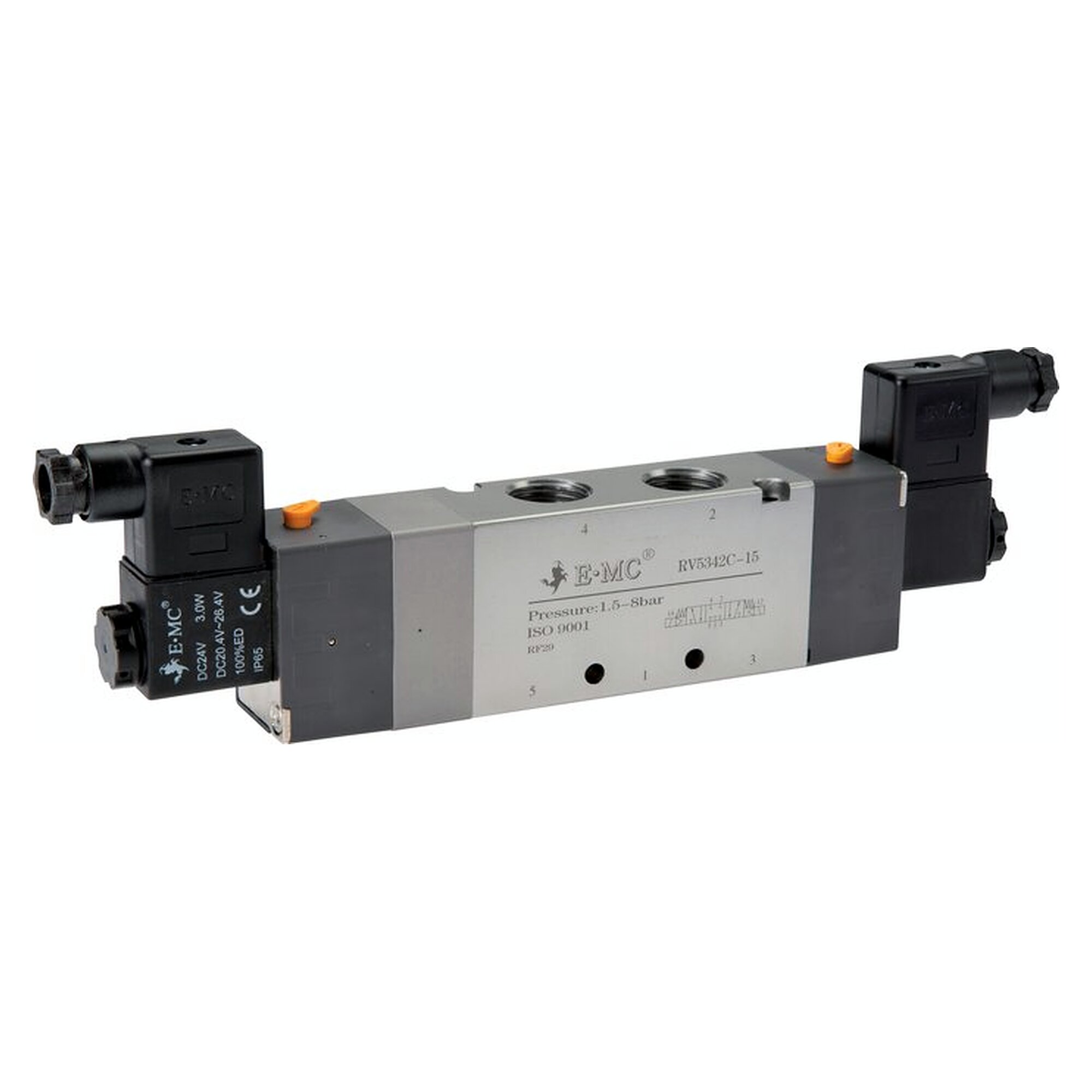 5/3-way solenoid valve, centre position exhausted, G 1/2", 230 V AC, 1350 l/min, nominal size 6.2 mm