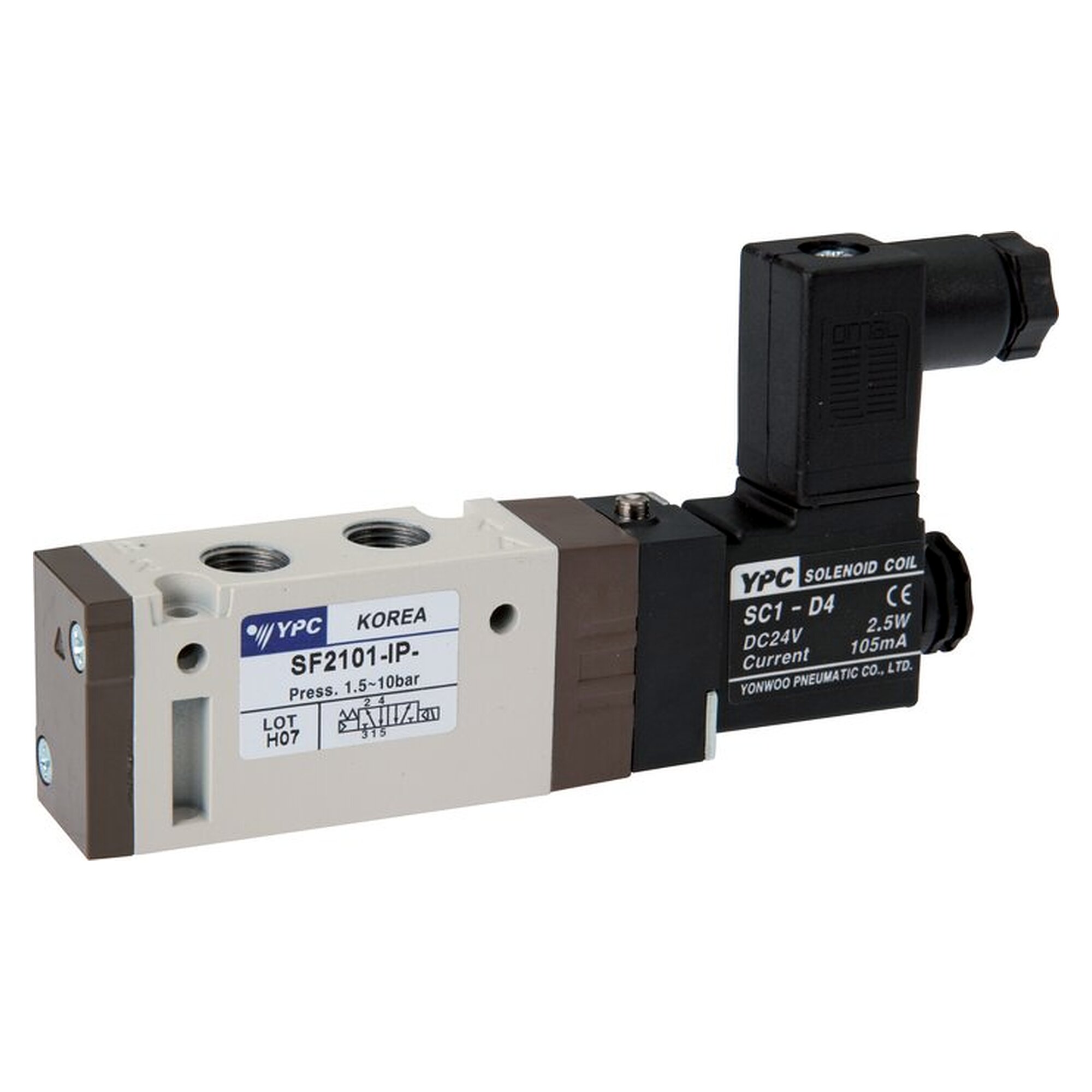 5/2-way solenoid valve, spring return, Standard connector (size 0), G 1/8", 230 V AC, 590 l/min