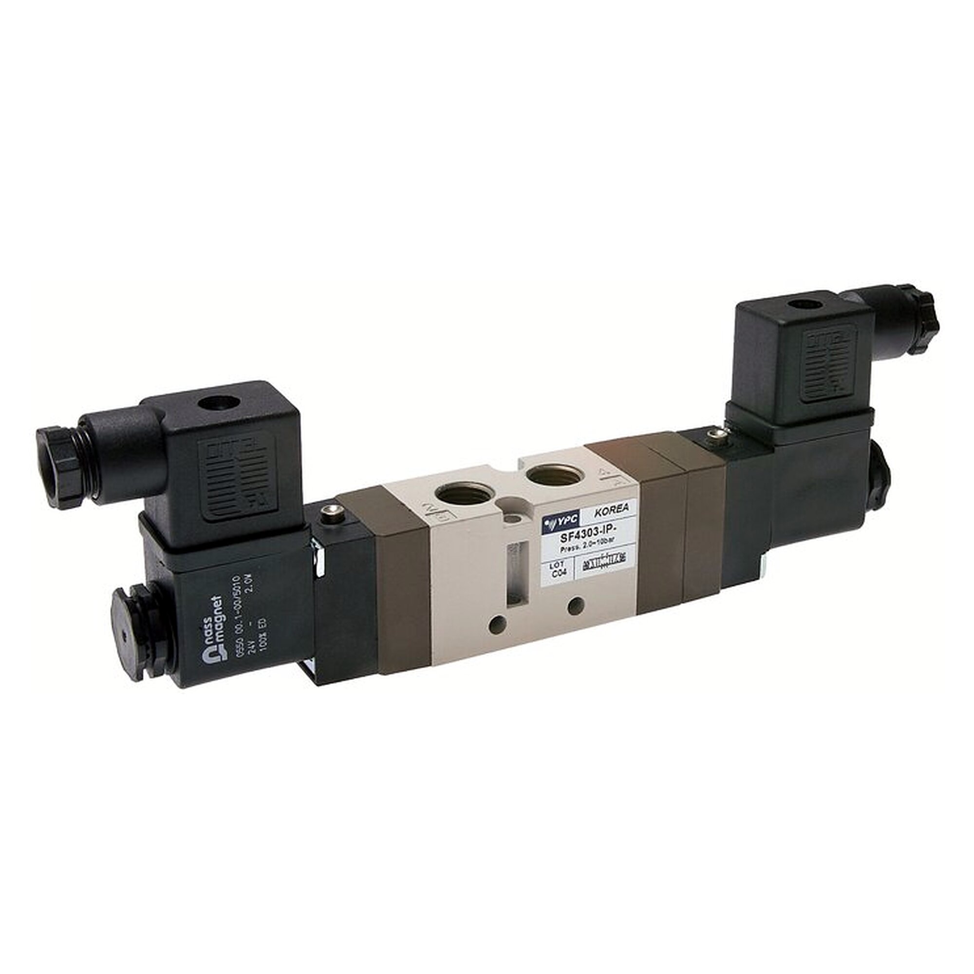 5/3-Wege Magnetventil, Mittelstellung belüftet, G 1/4", 115 V AC, 590 l/min, 2 bis 10 bar, 4,1 VA