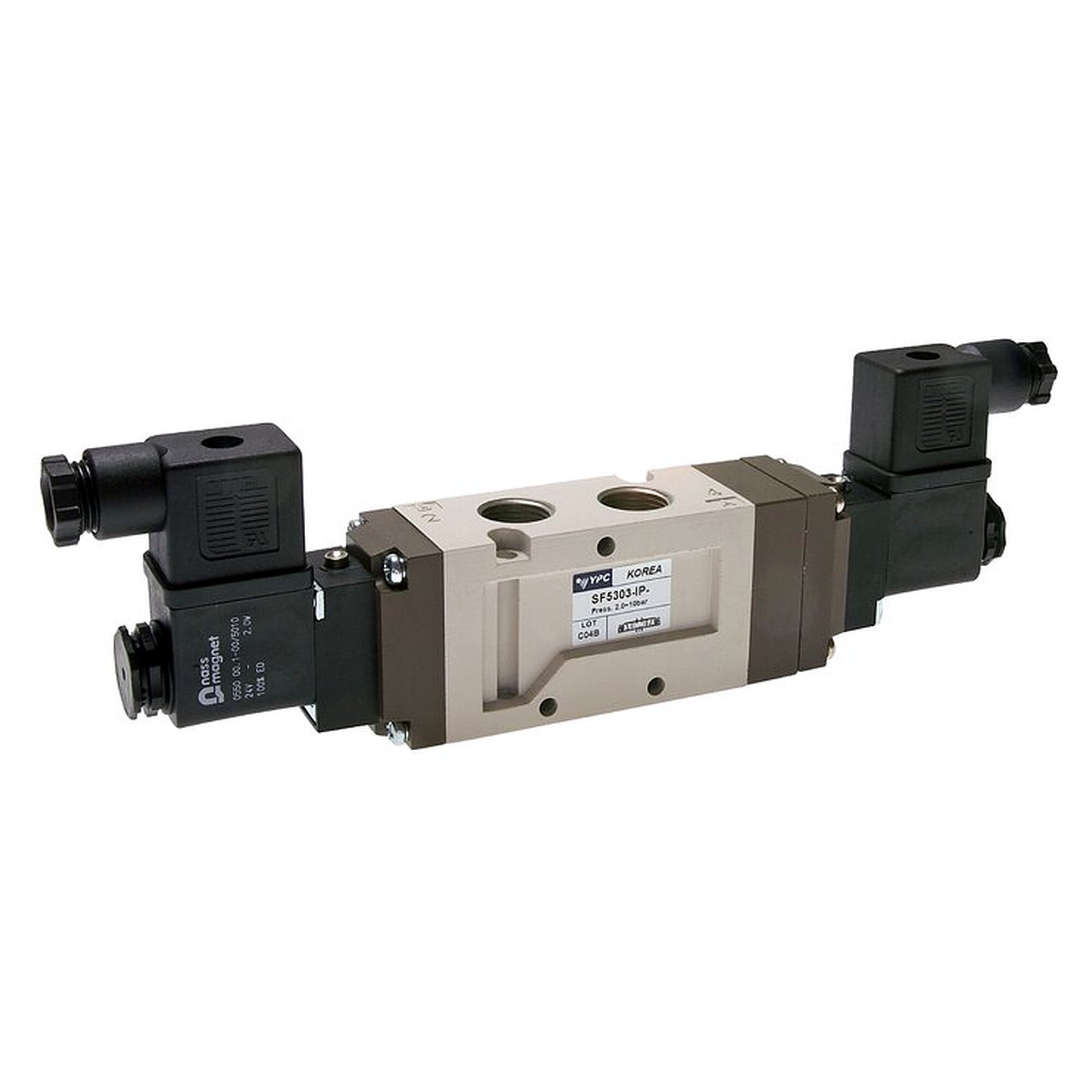 5/3-Wege Magnetventil, Mittelstellung belüftet, G 3/8", 24 V AC, 1600 l/min, 2 bis 10 bar, 4,1 VA