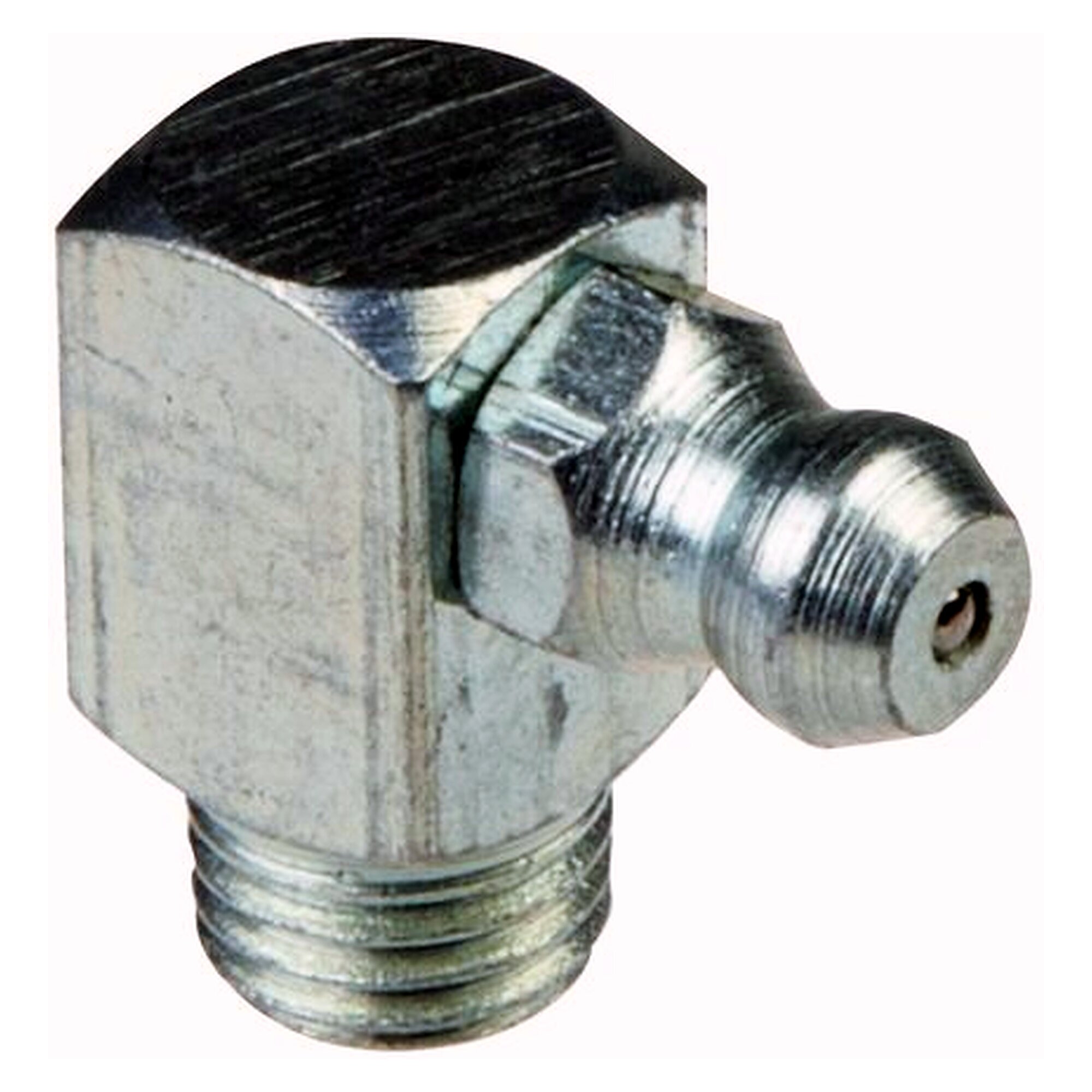 90° Kegelschmiernippel, R 1/8", Stahl verzinkt (4-kant), Gewindelänge 5,5 mm