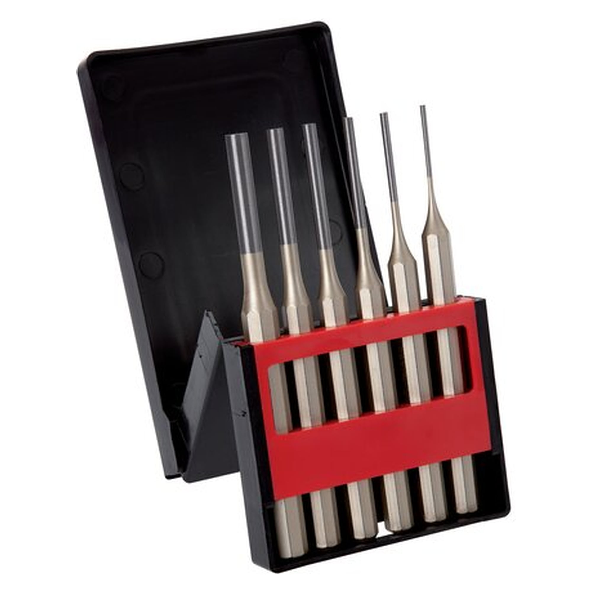 6-part pin punch set in hinged plastic case, workshop accessory