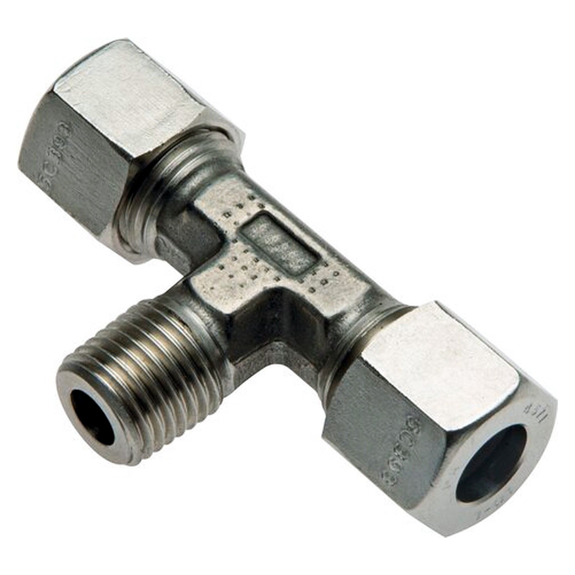 Cutting ring fitting, tee design, thread M 8x1 (konisch), tube 4 LL (M8x1), stainless steel 1.4571