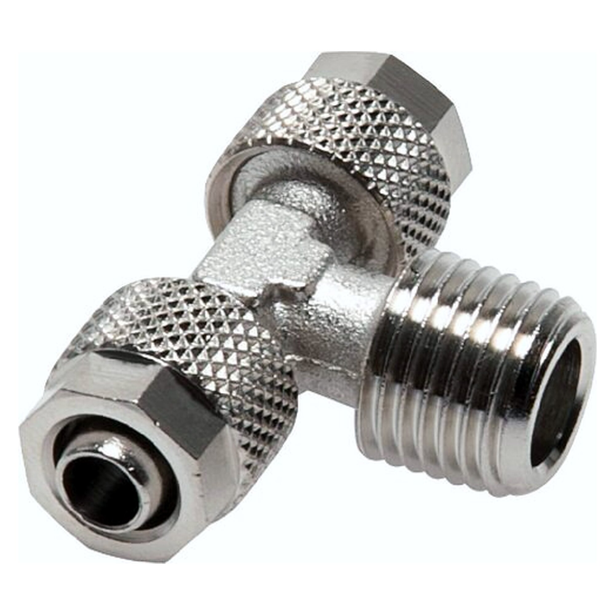 Tube fitting, tee design, male thread R 1/8", tube 8x6 mm, nickel plated brass