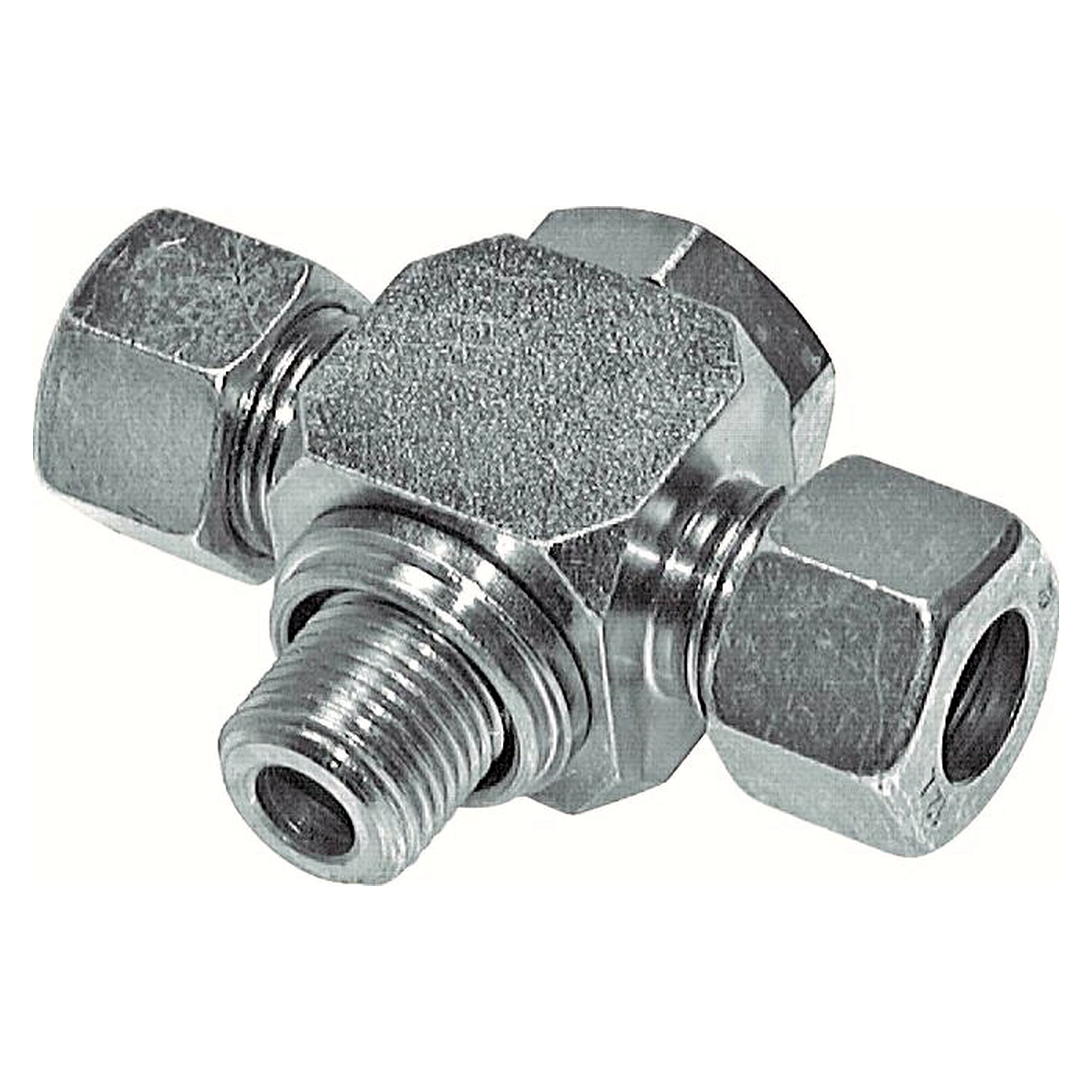 Swivel tube fitting, tee design, thread G 1/4", tube 10 L (M16x1.5), zinc plated steel, 315 bar