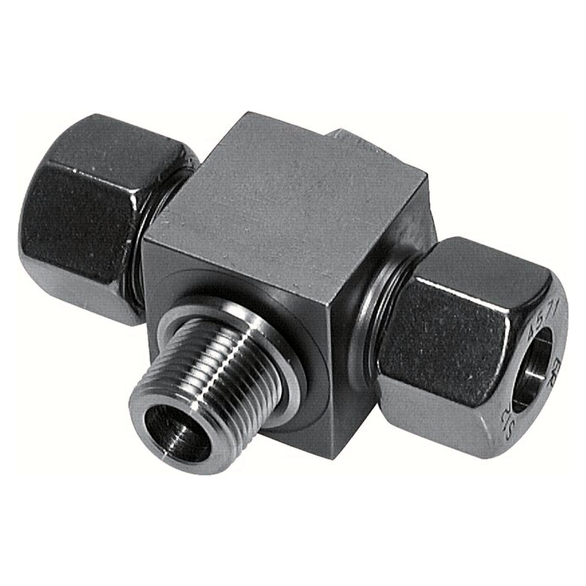 Schwenkverschraubung, T-Form, Gewinde G 1/2", Rohr 15 L (M22x1,5), leichte Baureihe, 1.4571