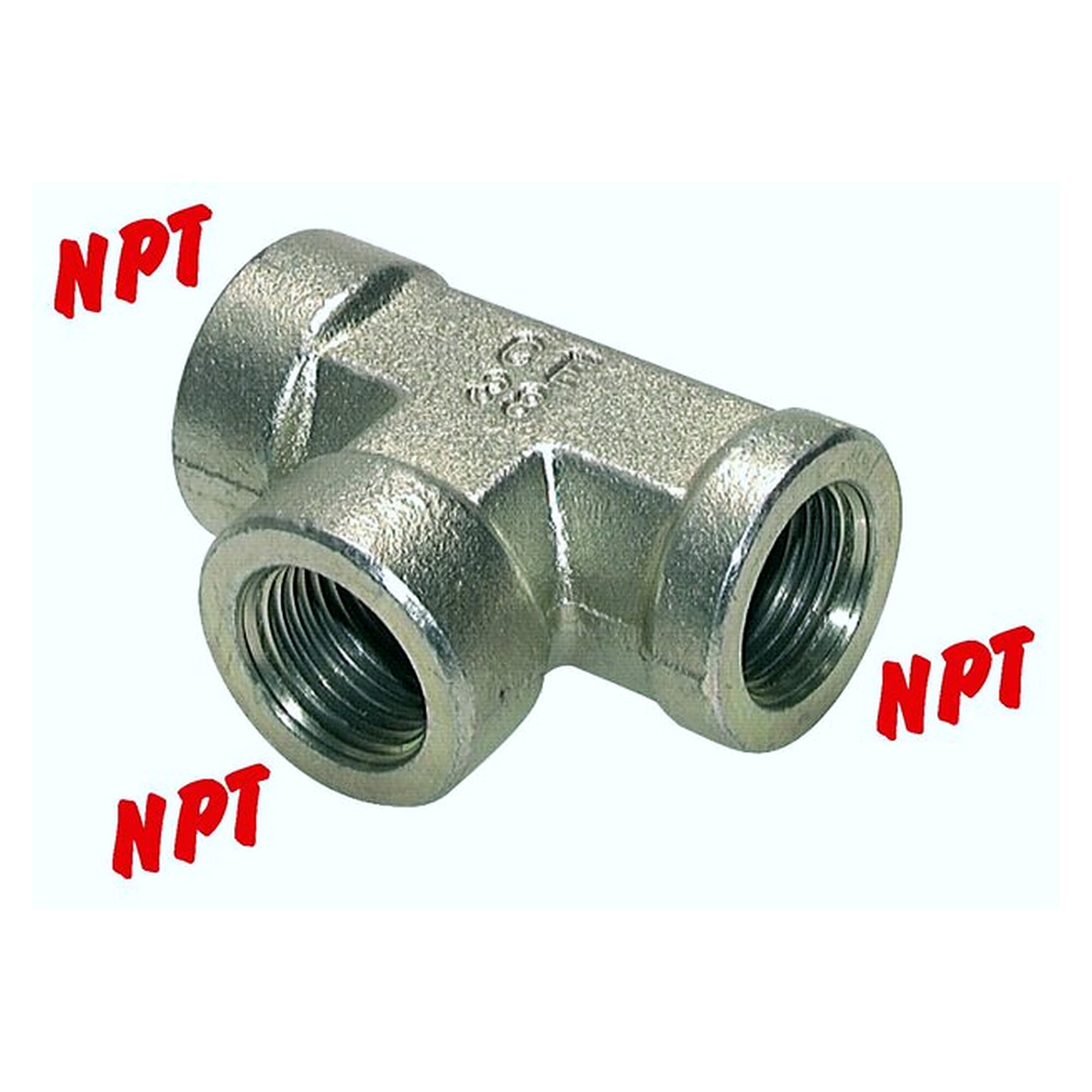 High pressure tee fitting, thread NPT 1", PN 140 bar, zinc plated steel