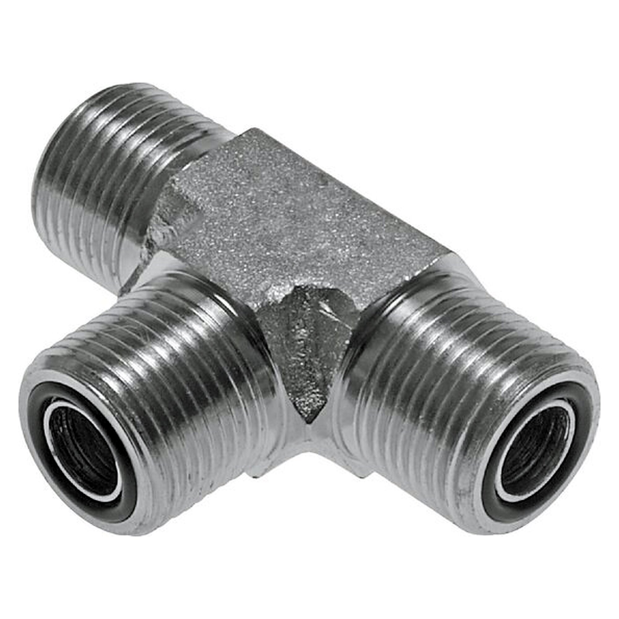 ORFS tee fitting, ORFS male UNS 1"-14, PN 400 bar, zinc plated steel