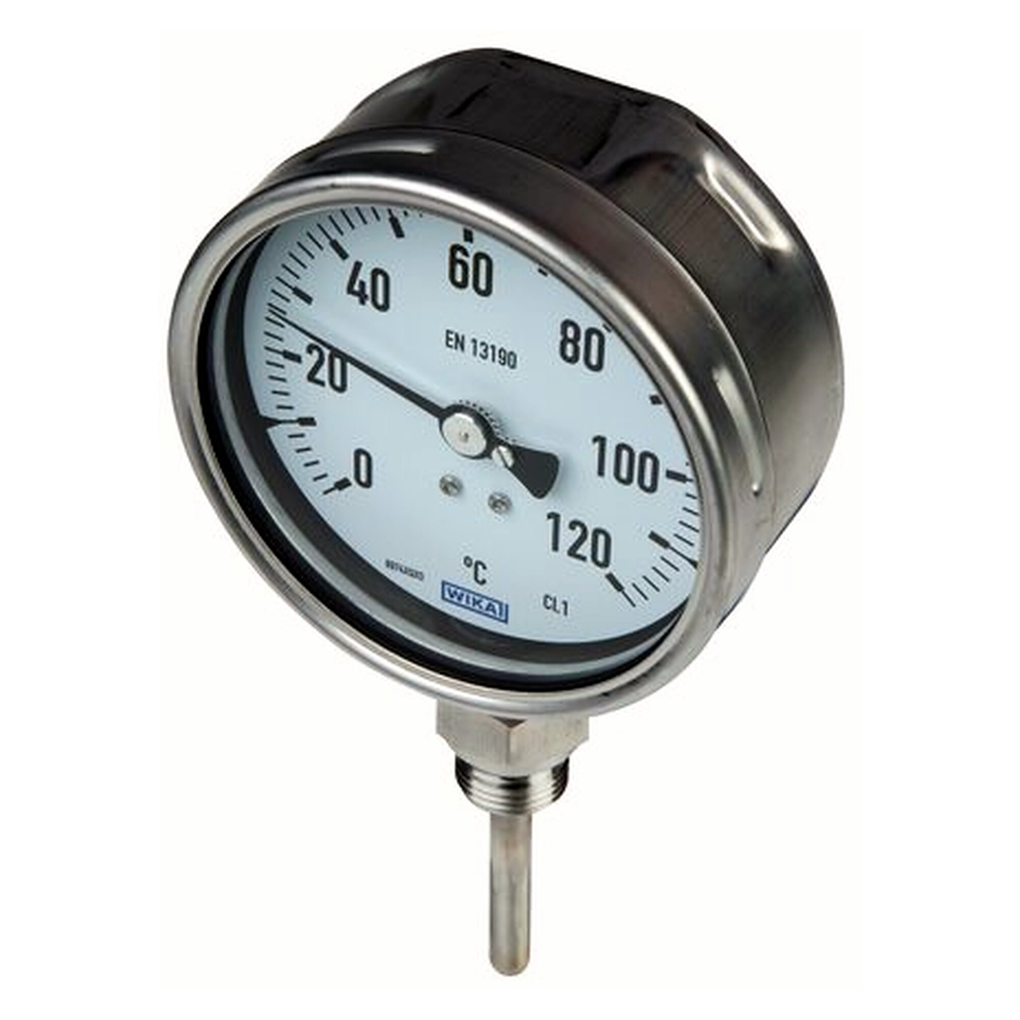Bimetallthermometer senkrecht, Chemieausführung, Gehäuse 63 mm, 0 bis +300 °C, Tauchschaft 160 mm