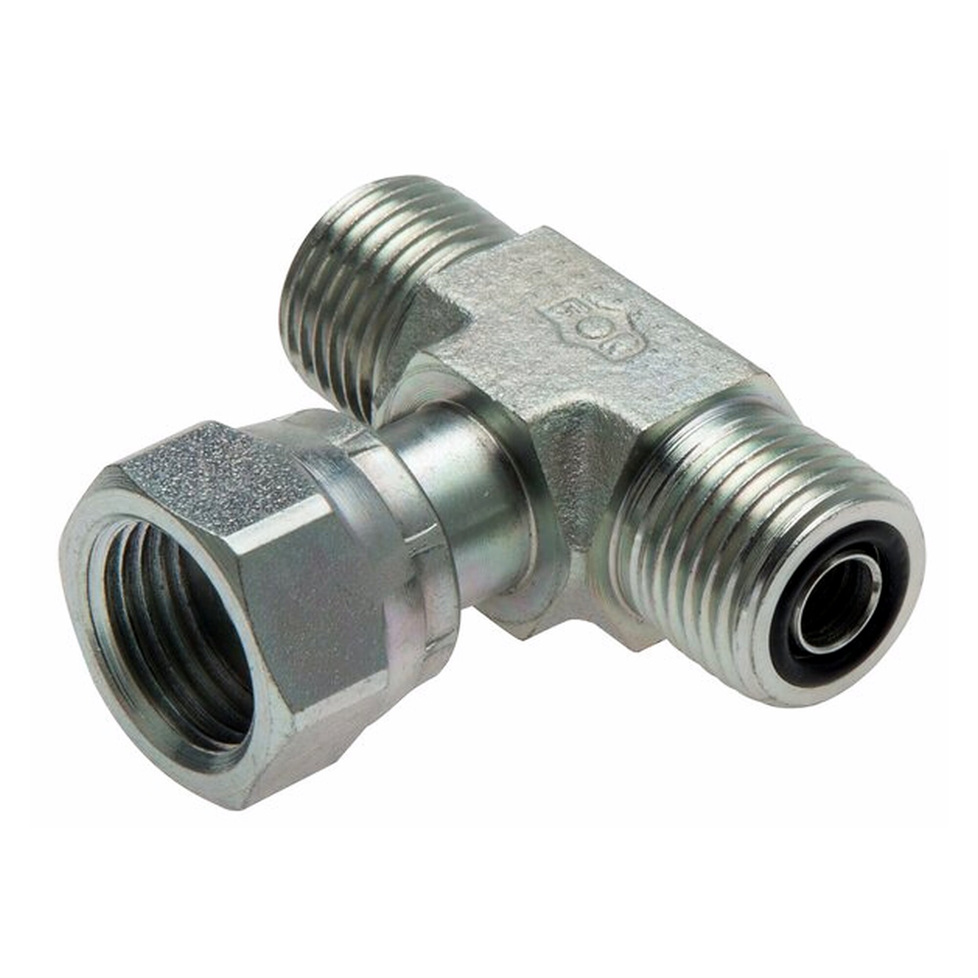 ORFS-T-Verschraubung, Innen- und Außengewinde, ORFS UN 1-7/16"-12, PN 400 bar, Stahl verzinkt