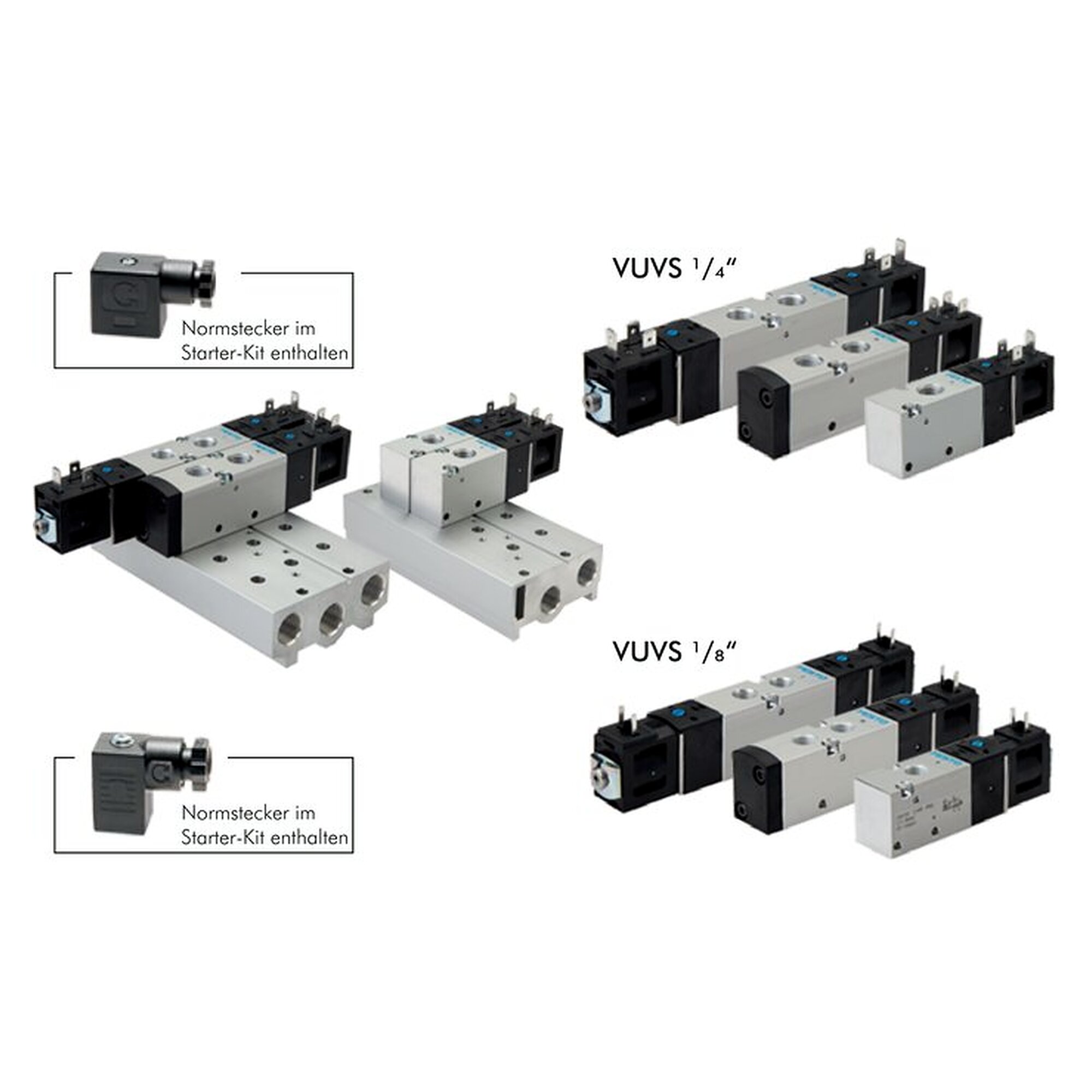 Solenoid valve set, 38 valves, G 1/8" and G 1/4", with sub-base plates and blanking plates