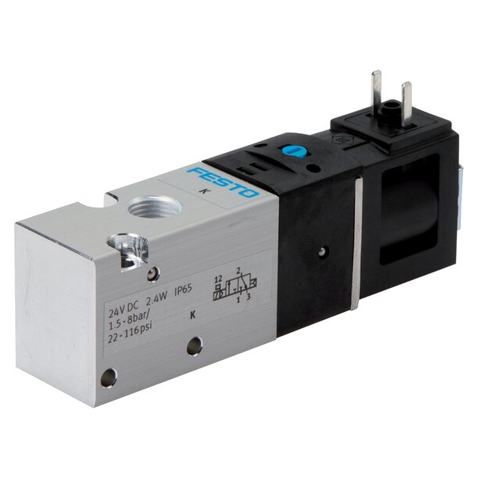 3/2-way solenoid valve, 3/2-way (NC), 2x G 1/8", 24 V DC, 550 l/min, 1.5 to 8 bar, exhaust G 1/8"