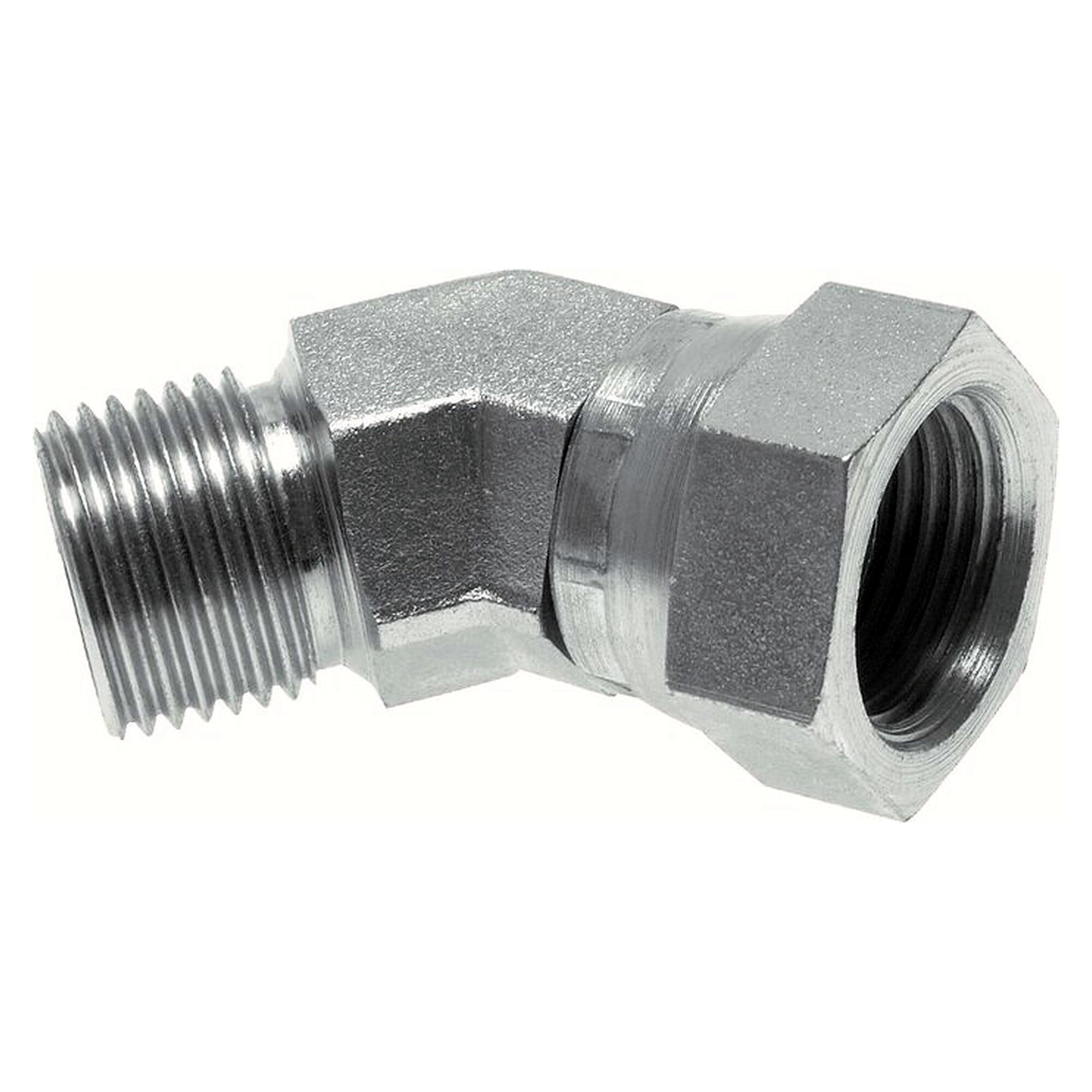 45° male and female elbow, with 60° cone, thread G 1/4", PN 350 bar, zinc plated steel