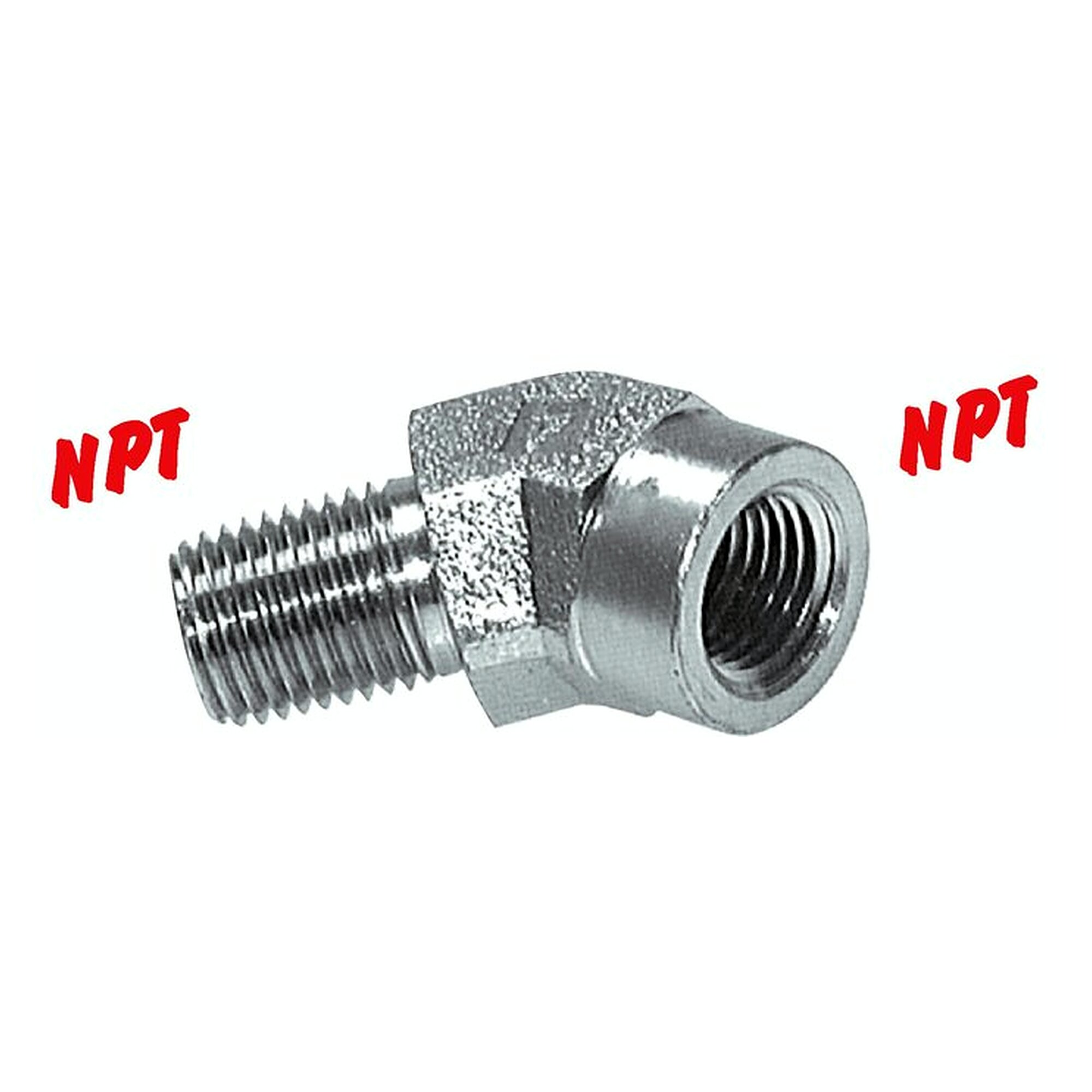 45° male and female elbow, male thread NPT 1/2", PN 210 bar, zinc plated steel