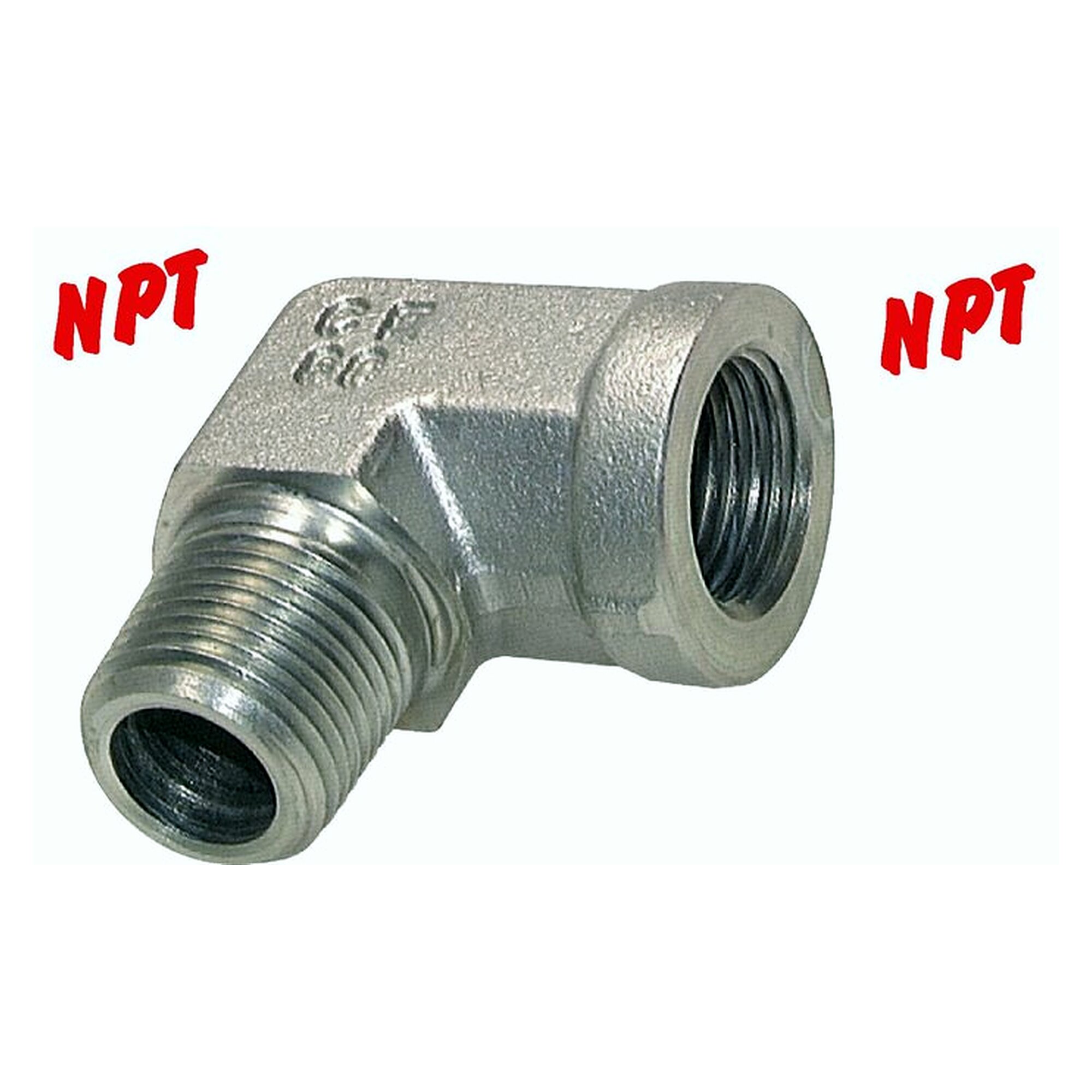 90° male and female elbow, male thread NPT 1", PN 140 bar, zinc plated steel
