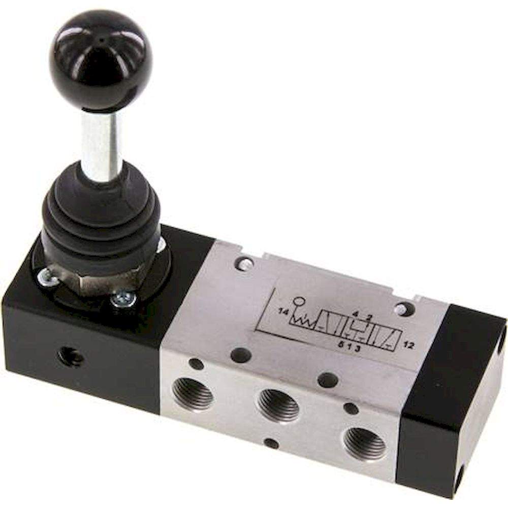 XMV 1520. 5/3-Wege Handhebelventil, G 1/8", Mittelstellung belüftet, Raste