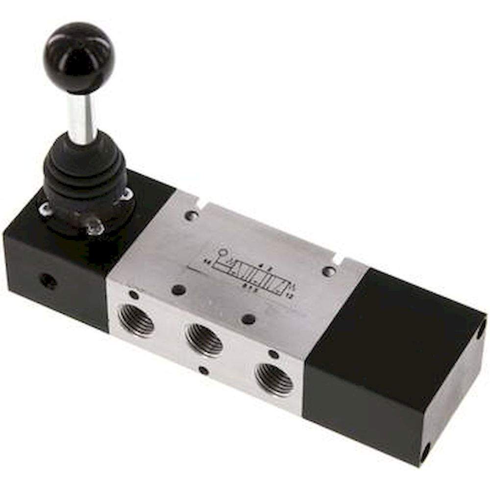 XMV 2410. 5/3-Wege Handhebelventil, G 1/4", Mittelstellung entlüftet, Federrückstellung