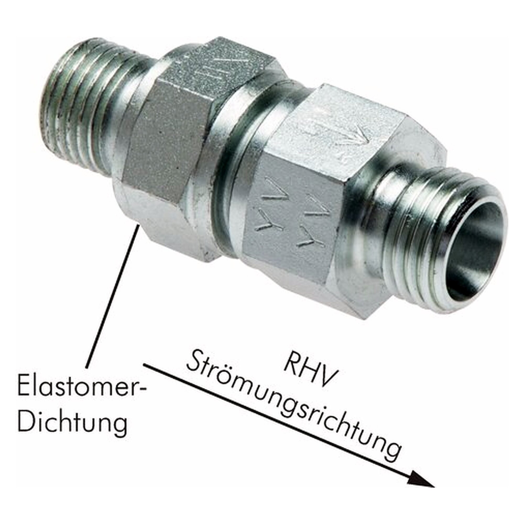 Check valve, tube 8 L (M14x1.5), G 1/4", zinc-plated steel without nut, flow thread to tube, 1 bar