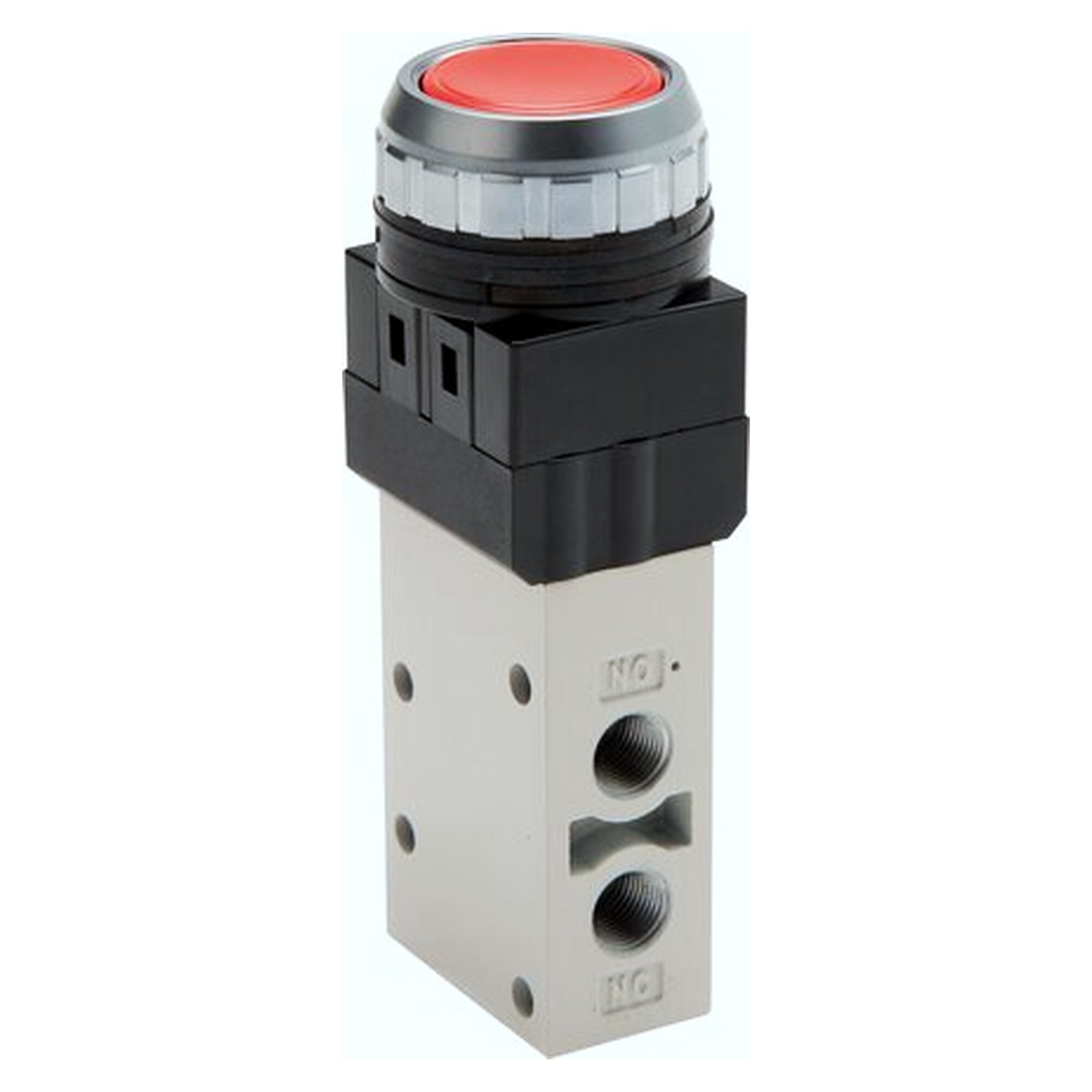 3/2-Wege Handventil, Drucktaster schwarz, G 1/8", 450 l/min, Aluminium mit POM-Schieber