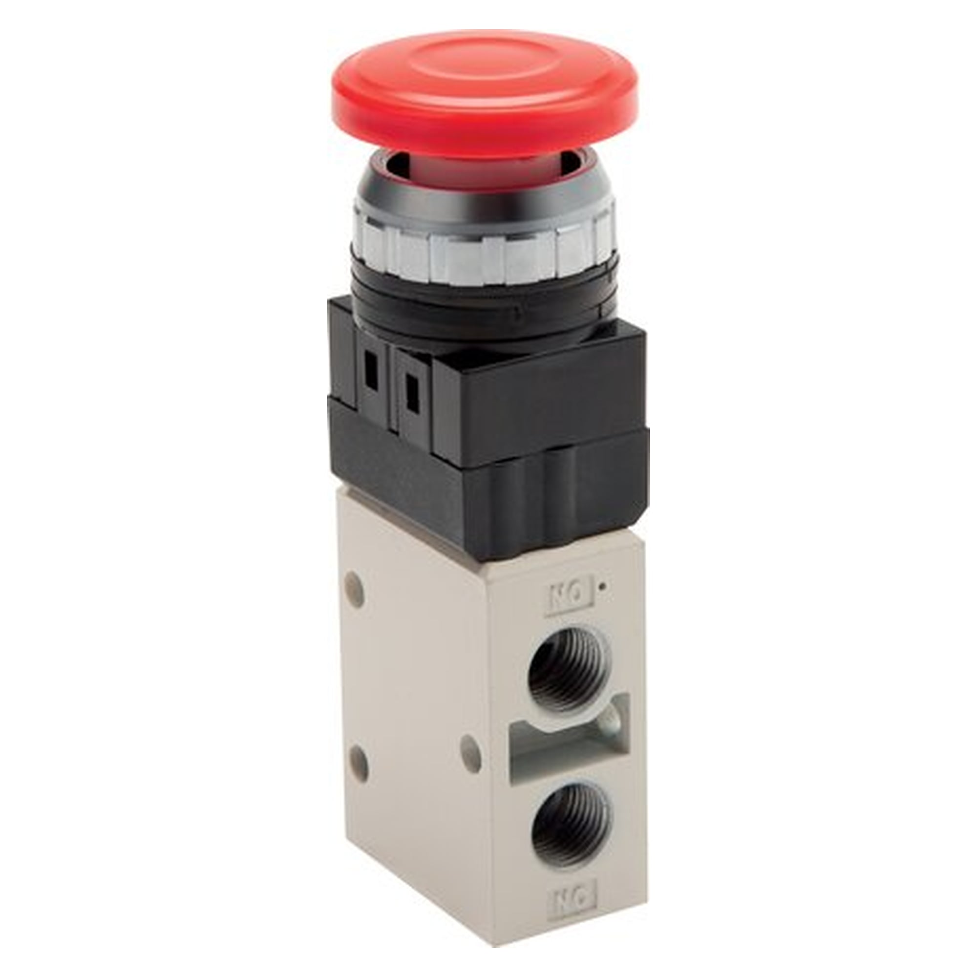 3/2-Wege Ventil, Pilztaster, rot, G 1/4", 700 l/min, 0 bis 8 bar, Abluft G 1/4", Körper Aluminium
