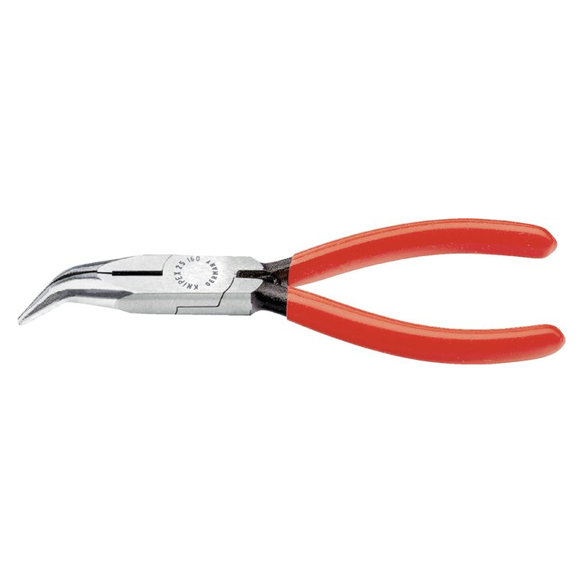 flat round nose pliers, jaws angled at 40 degrees, polished, with dipped plastic handles