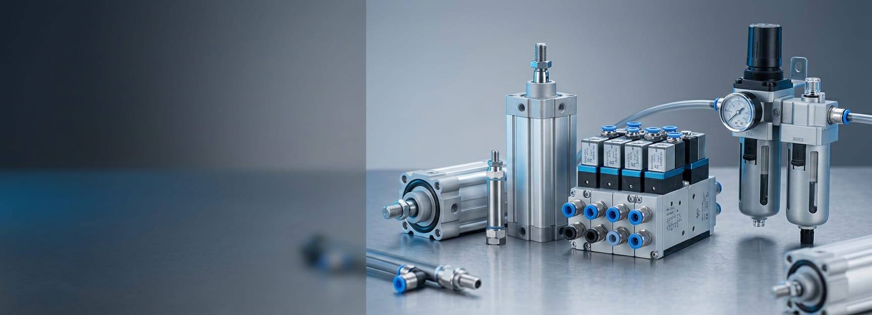 Pneumatikzylinder, Ventilinsel und Wartungseinheit auf Metallfläche